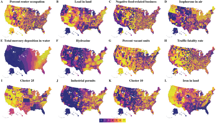 County-level geographical septile distribution for the first 12 statistically significant factors with at least one statistically significant coefficient ranked by decreasing IC