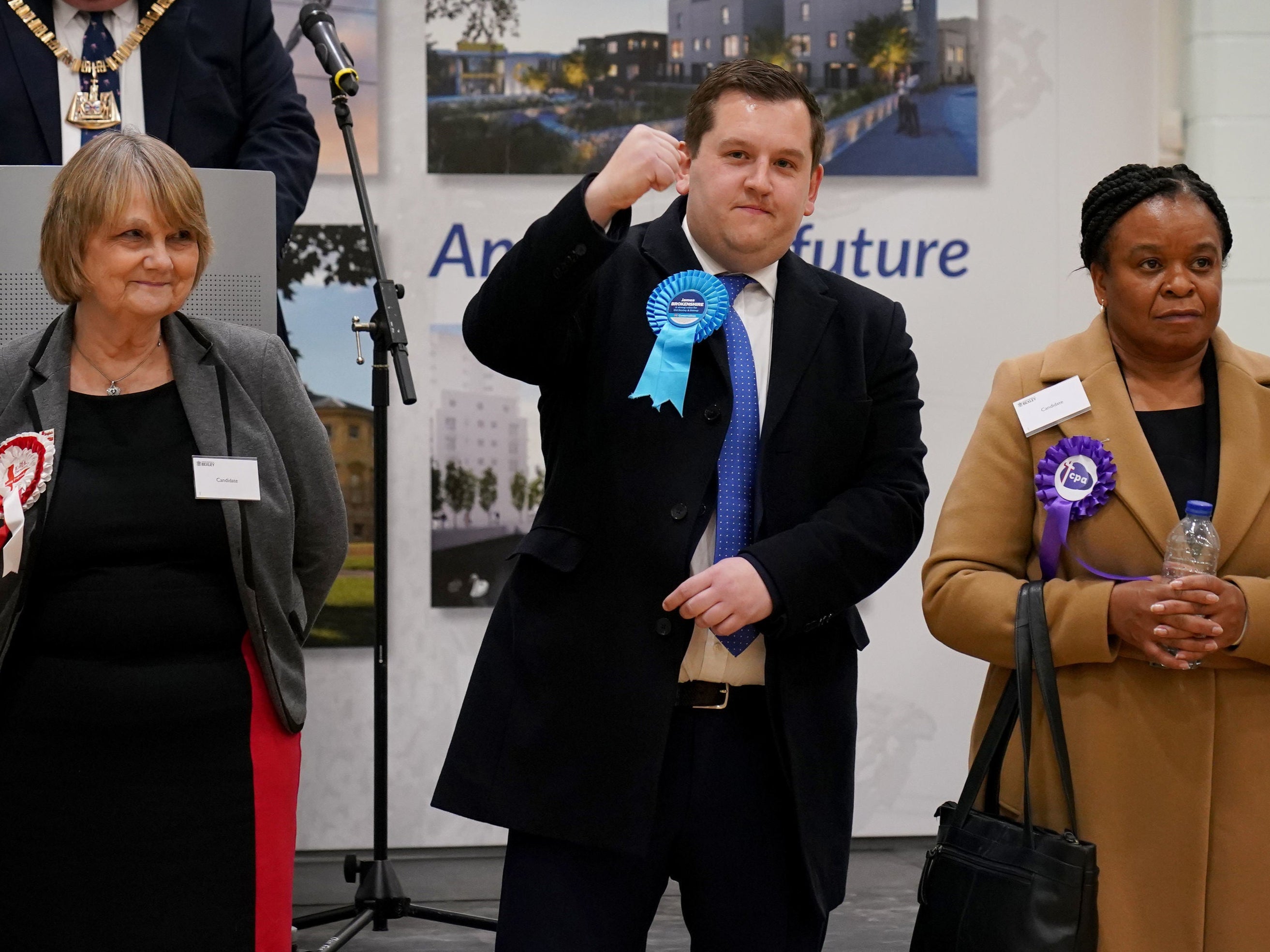 Conservative candidate Louie French celebrates victory in the Old Bexley and Sidcup by-election