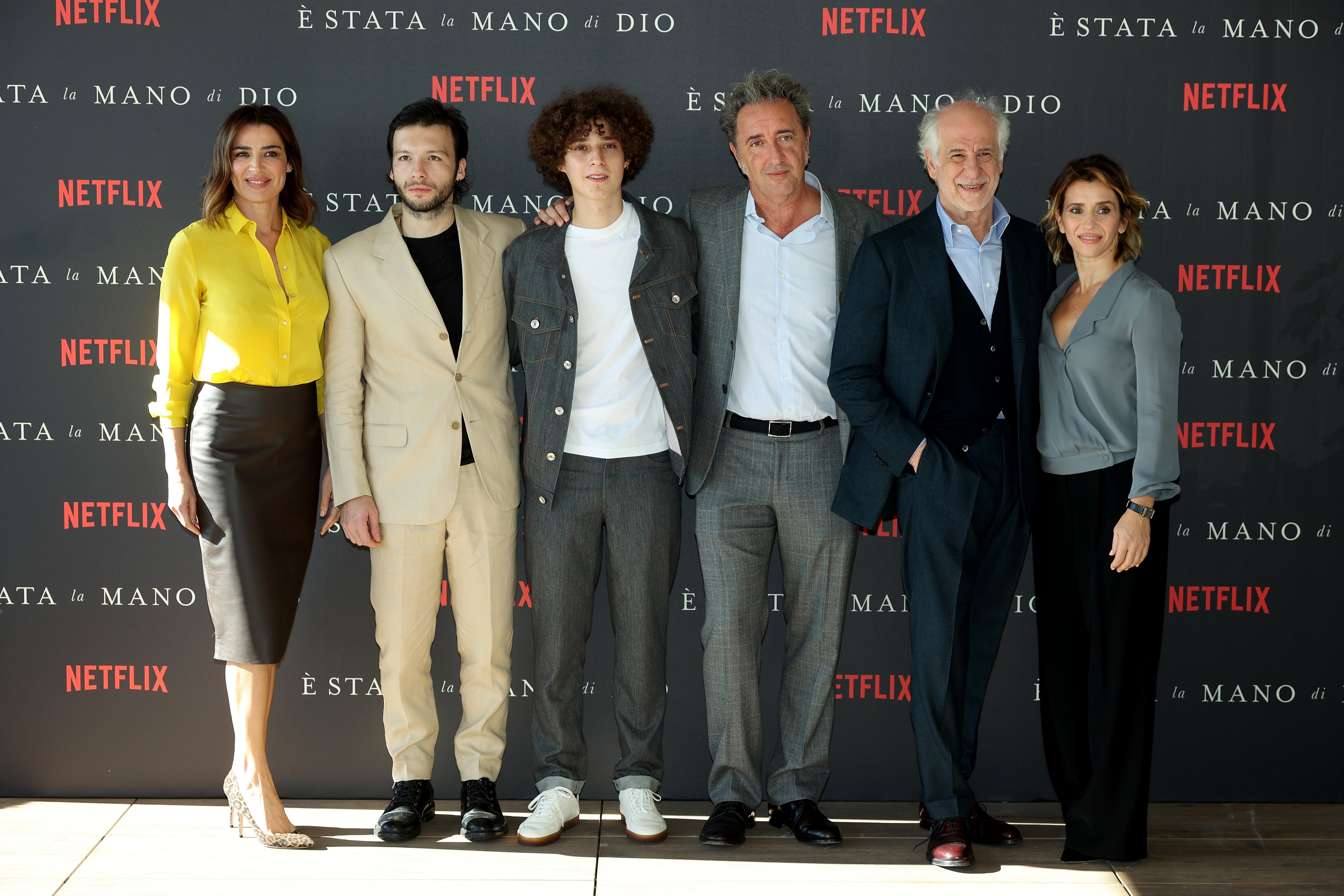 Director Sorrentino (third right) with (from left) ‘The Hand of God’ actors Luisa Ranieri, Marlon Joubert, Filippo Scotti, Toni Servillo and Teresa Saponangelo