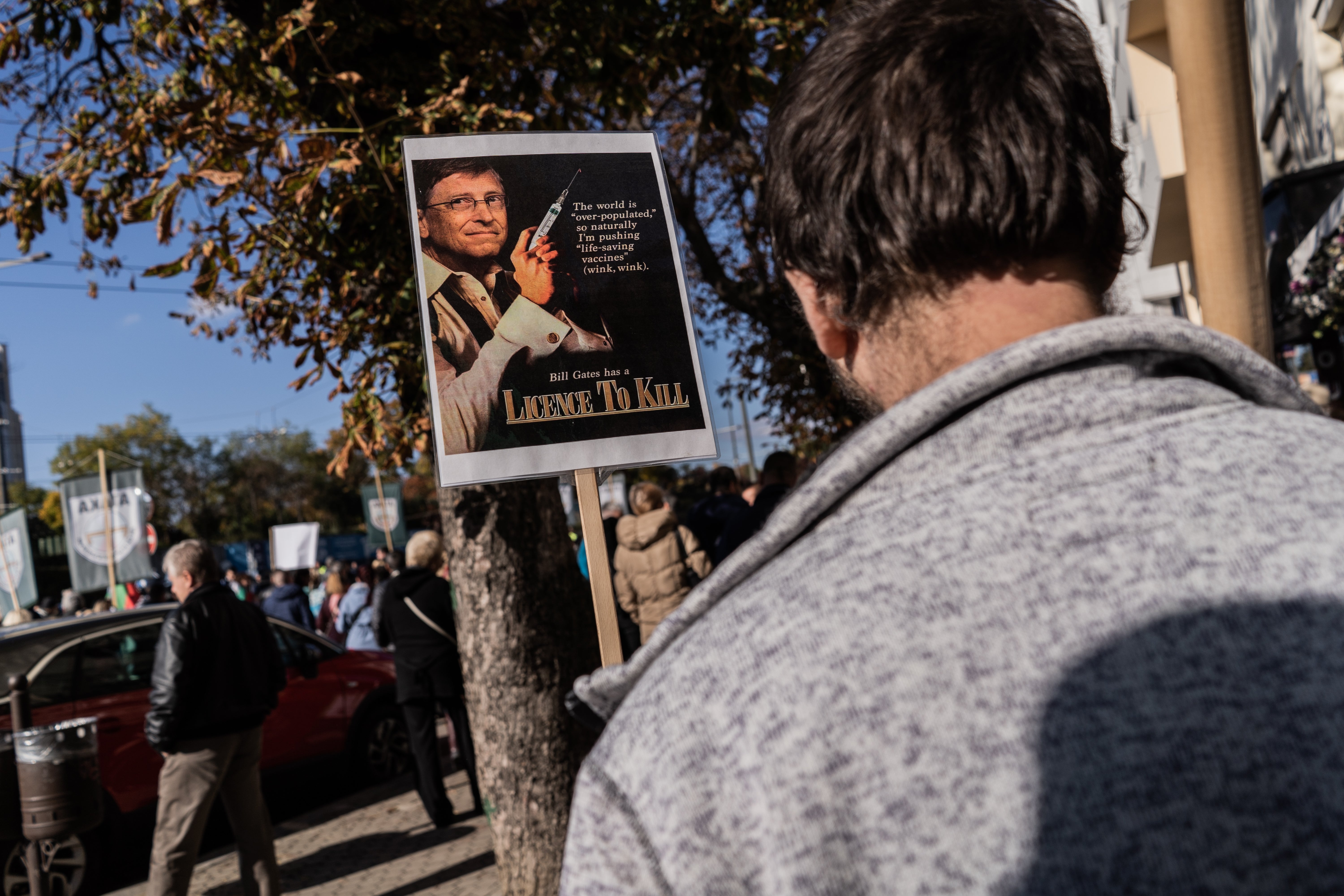 An anti-Covid vaccine poster featuring Bill Gates, on a street in Sofia