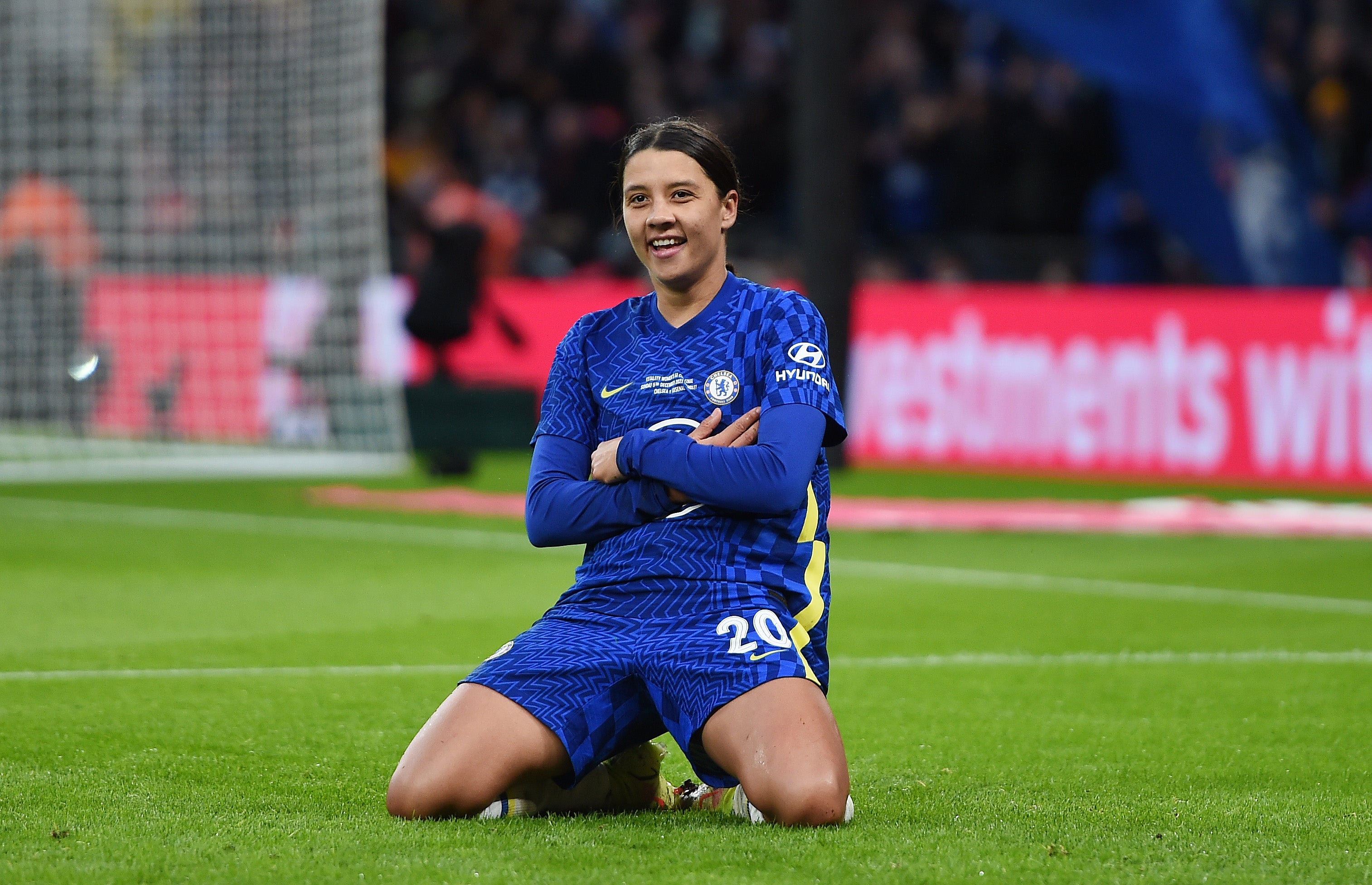 Sam Kerr of Chelsea celebrates her second goal at Wembley on Sunday