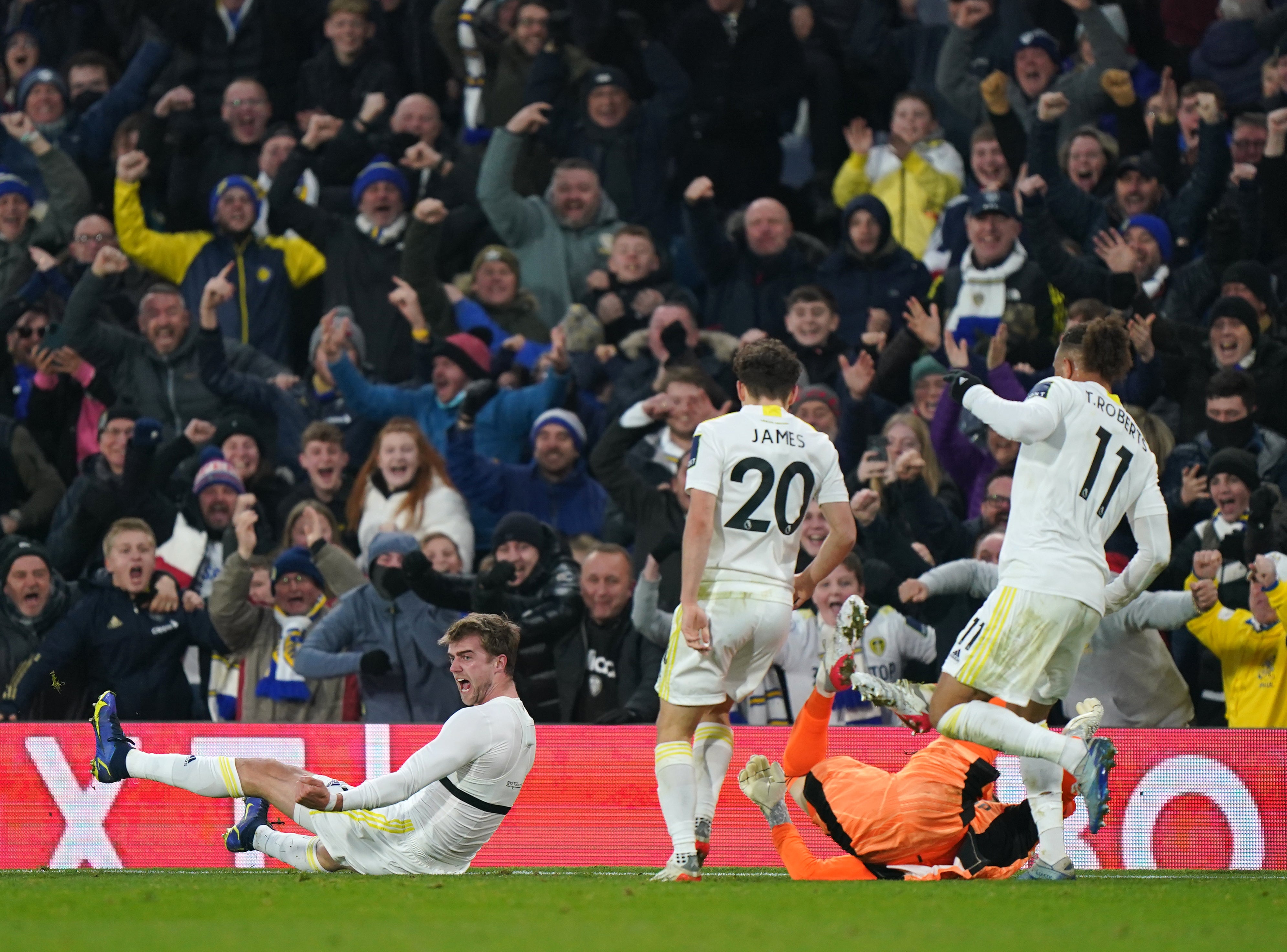 Leeds substitute Patrick Bamford (left) celebrates his late equaliser in the 2-2 draw with Brentford (Tim Goode/PA Images).