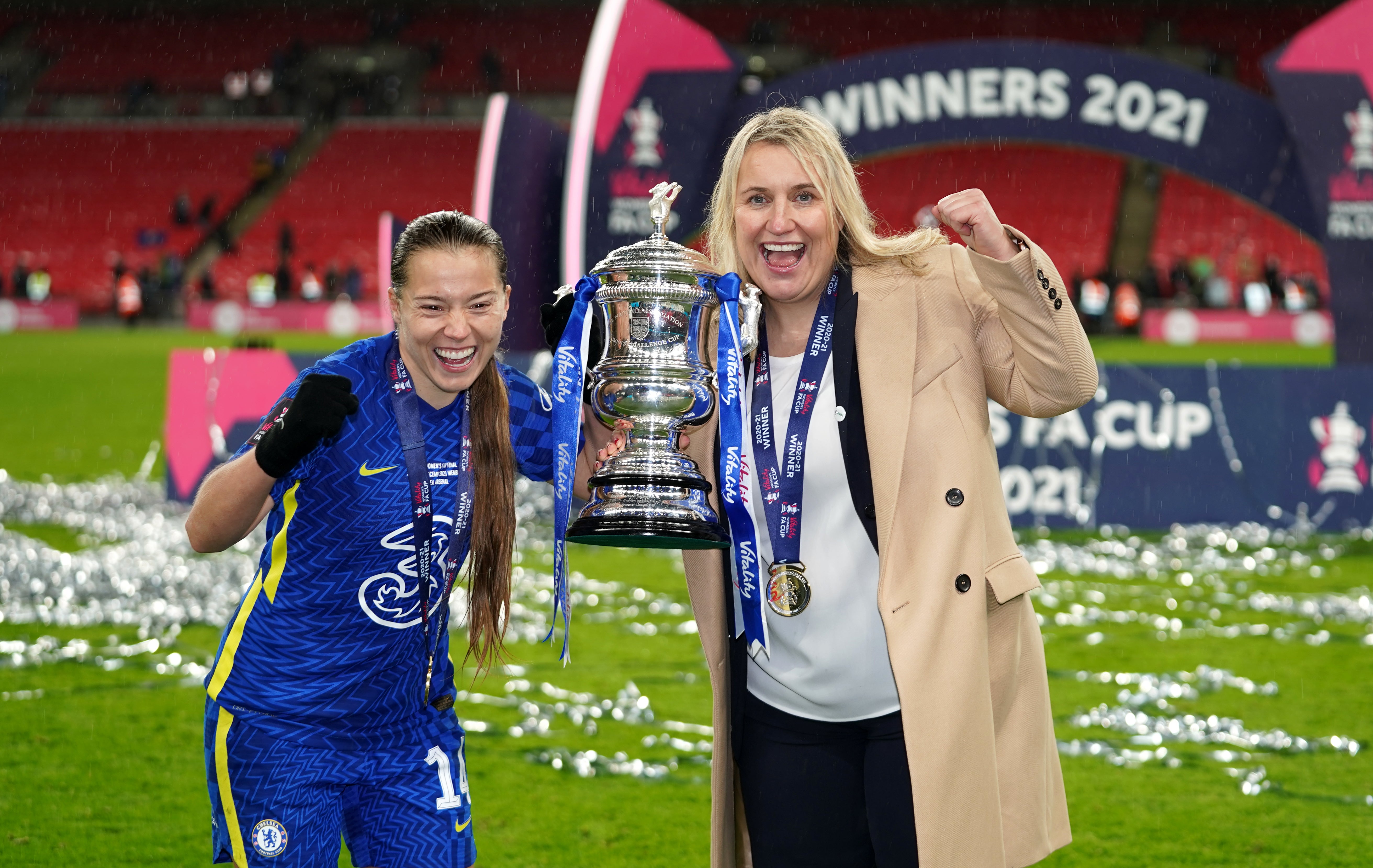 Chelsea manager Emma Hayes (right) celebrates with goalscorer Fran Kirby after the 3-0 women’s FA Cup final win over Arsenal (John Walton/PA Images).