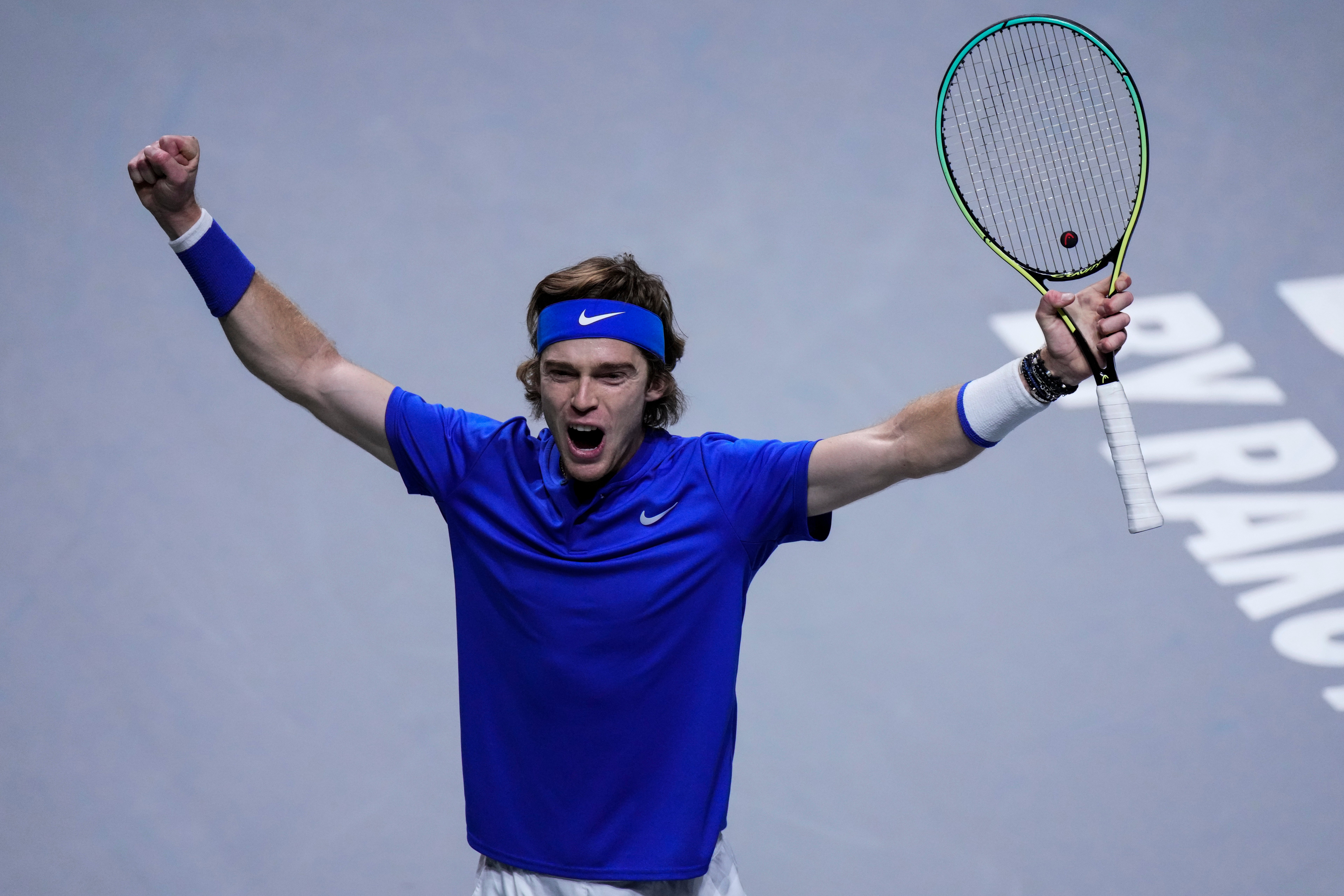 Andrey Rublev celebrates his victory against Croatia’s Borna Gojo (Manu Fernandez/AP)