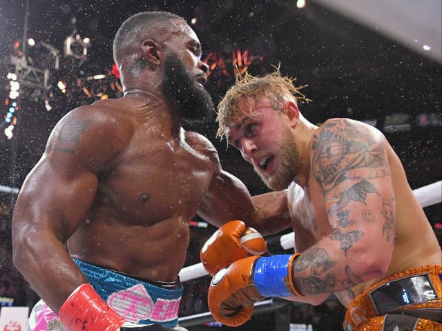 <p>Tyron Woodley (left) and Jake Paul in their first meeting</p>