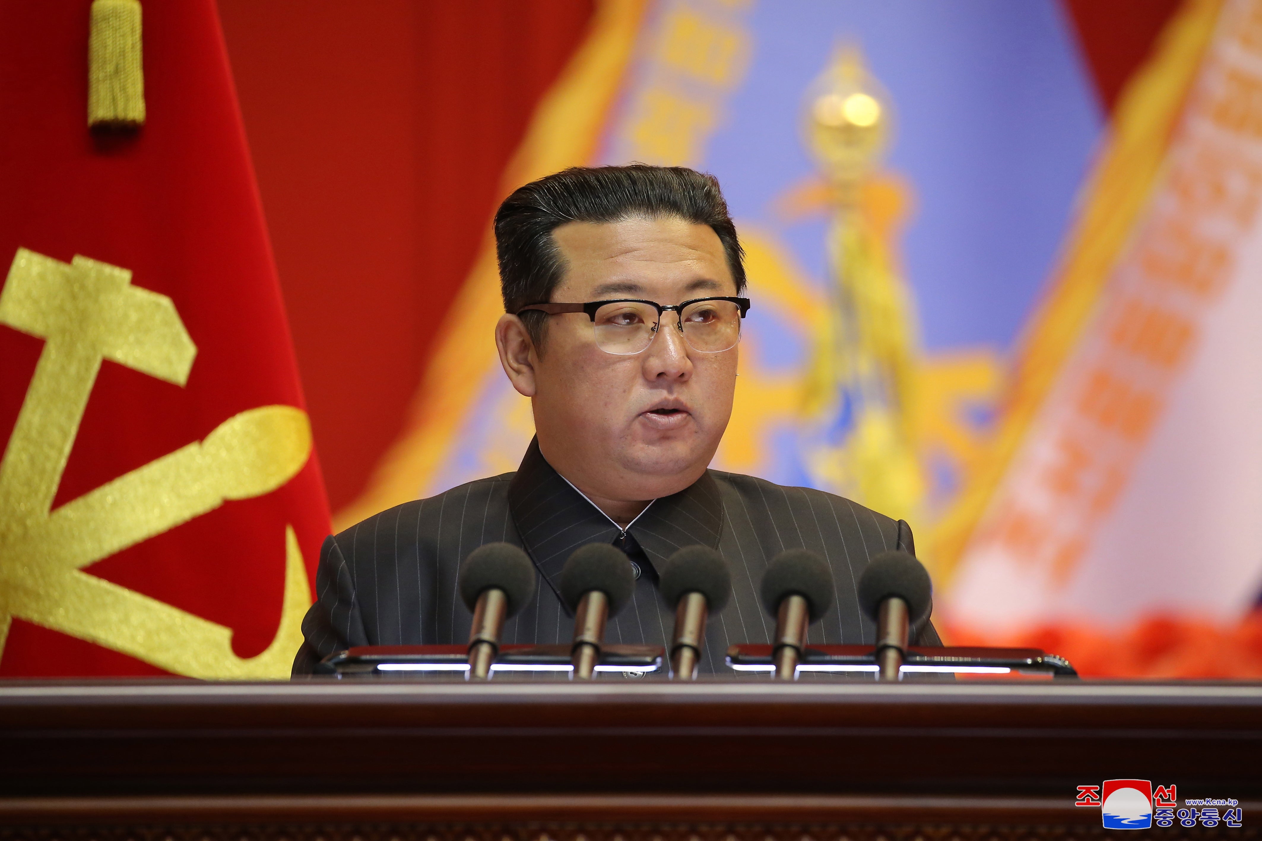 North Korean Supreme Leader Kim Jong-un presiding over a meeting of the North Korean Army's educationists at the April 25 House of Culture in Pyongyang, North Korea