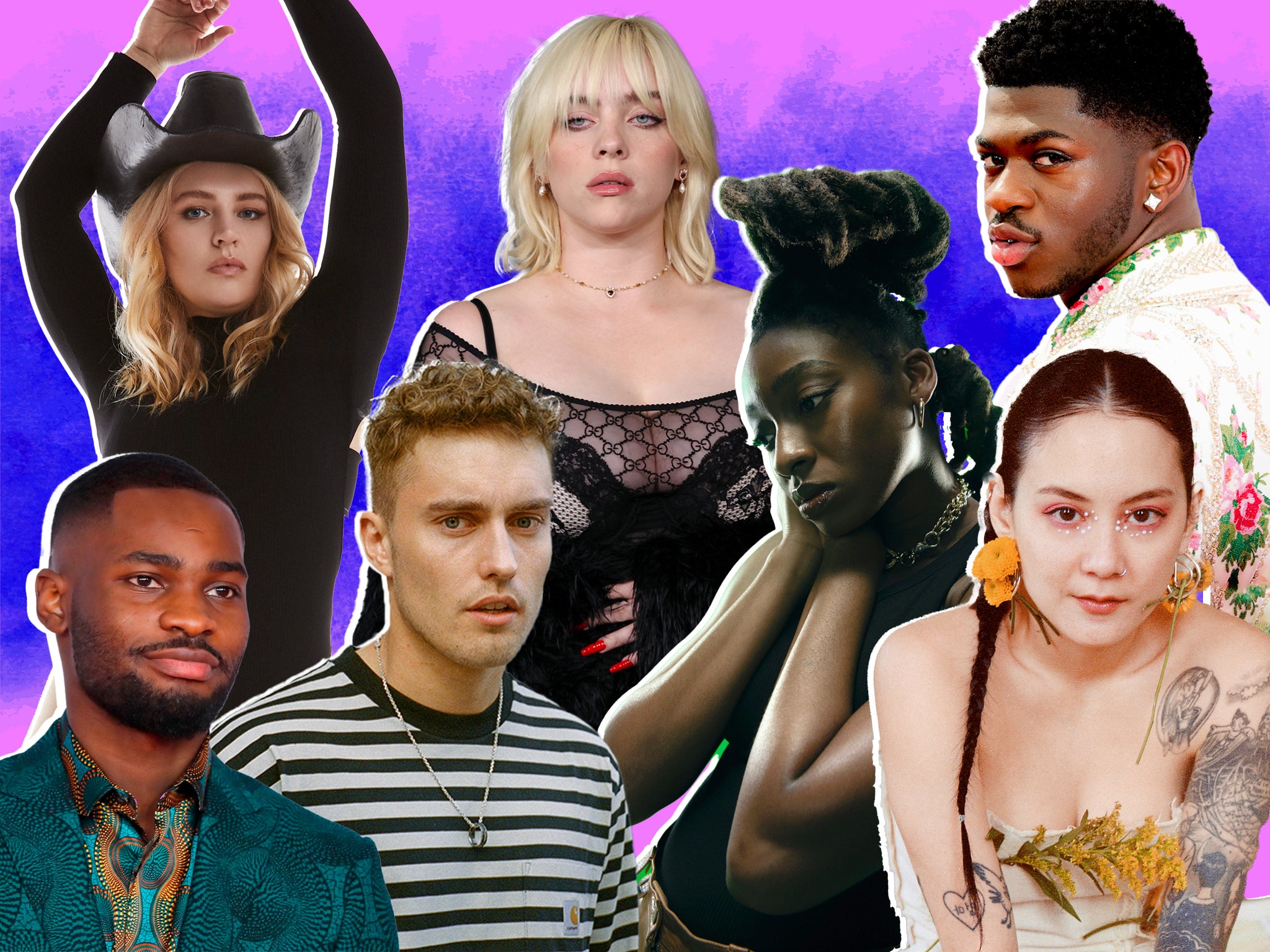 Clockwise from top left: Self Esteem, Billie Eilish, Little Simz, Lil Nas X, Japanese Breakfast, Sam Fender and Dave