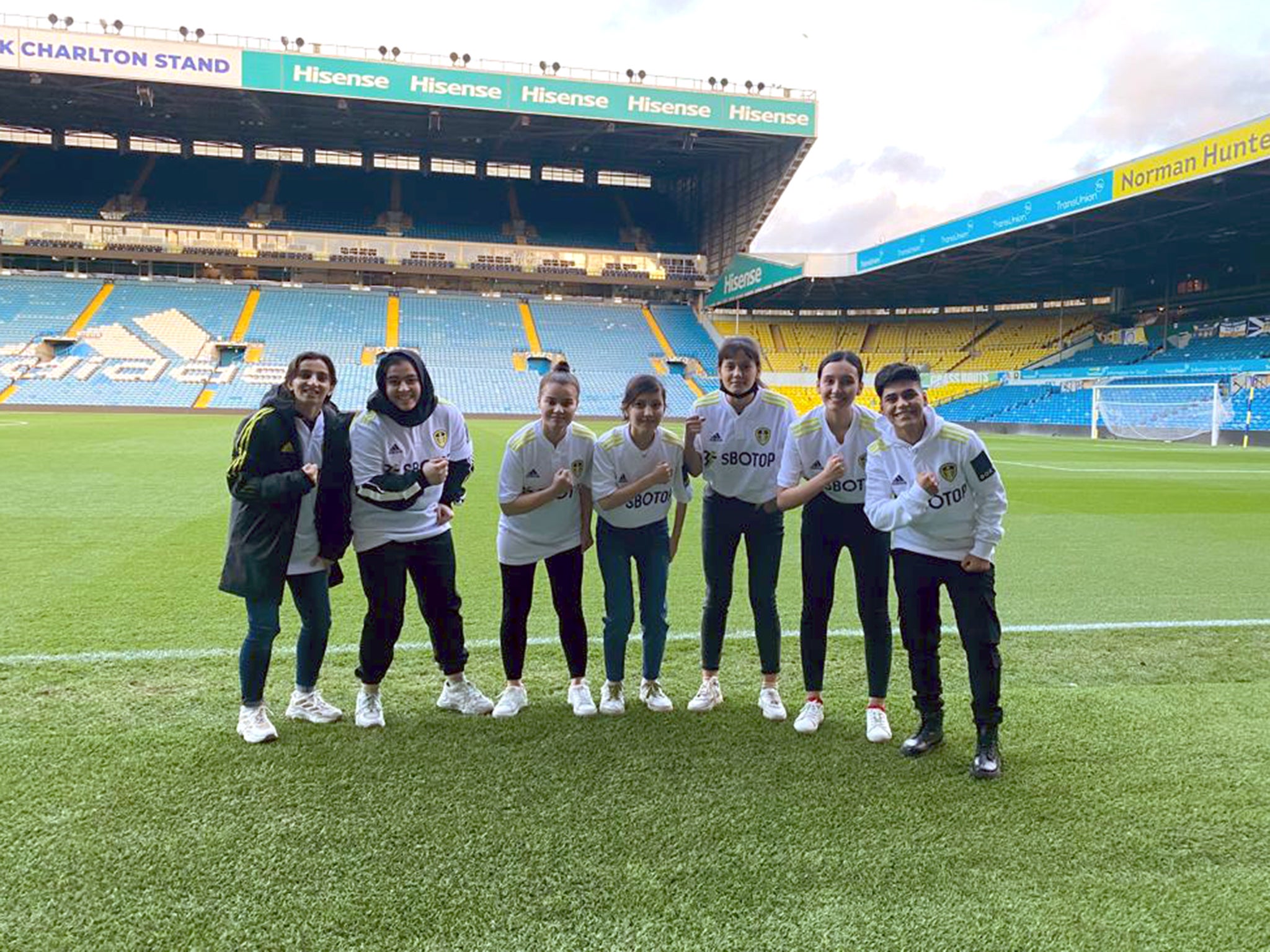 Saberyah (left), Fatima, Sahar, Susan, and Sonia (right) in Elland Road which is Leeds United’s football stadium.