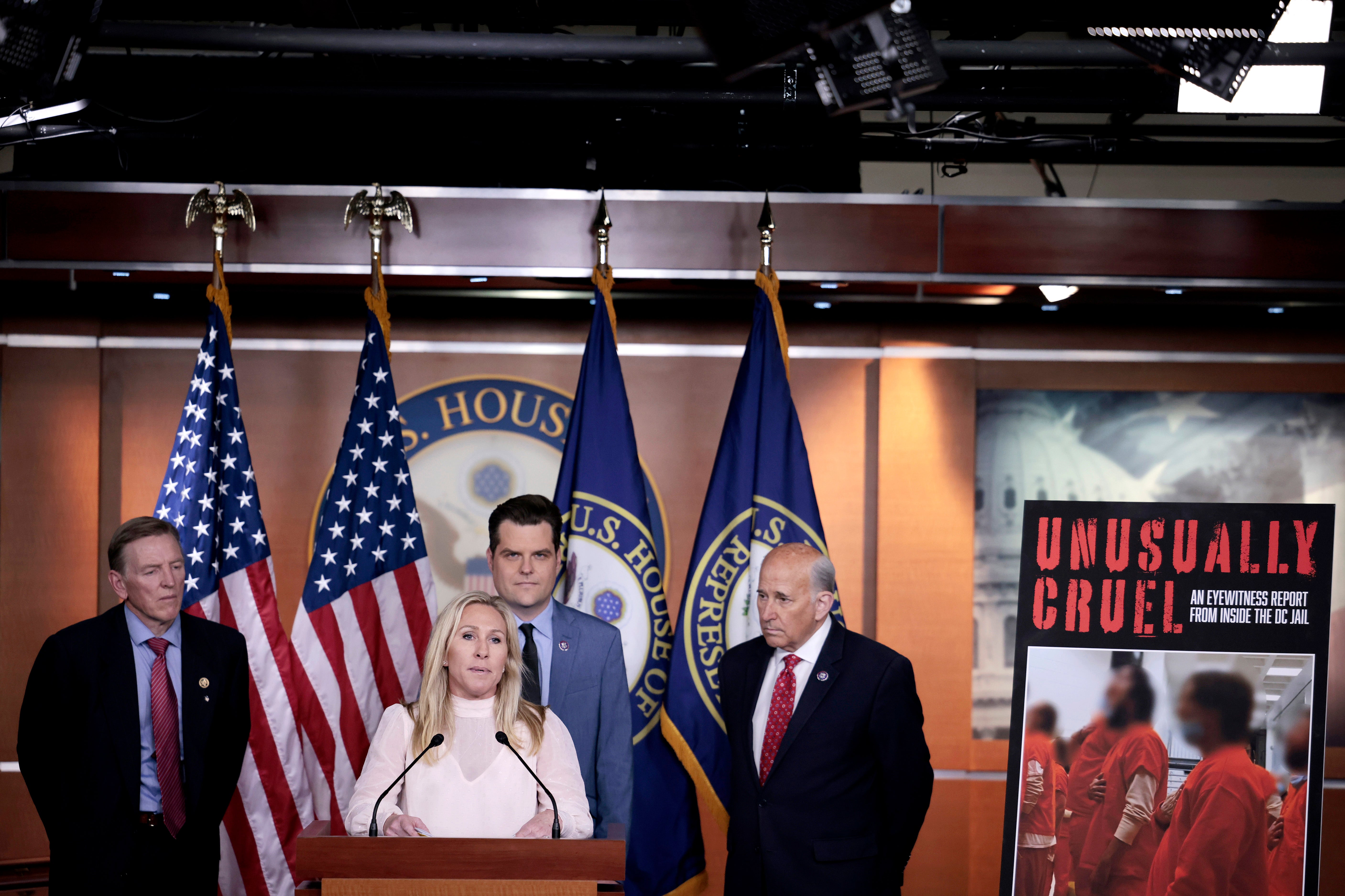 Marjorie Taylor Greene addressed a news conference in 2021 to describe the alleged treatment of January 6 defendants in Washington DC’s jail.