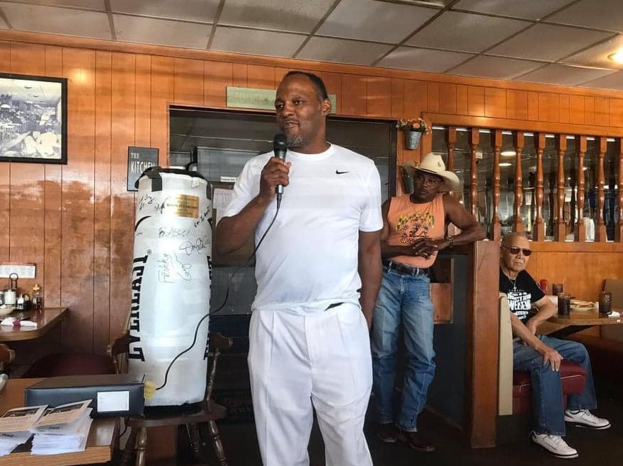 Donald Curry speaks at a Boxing in Cowtown event