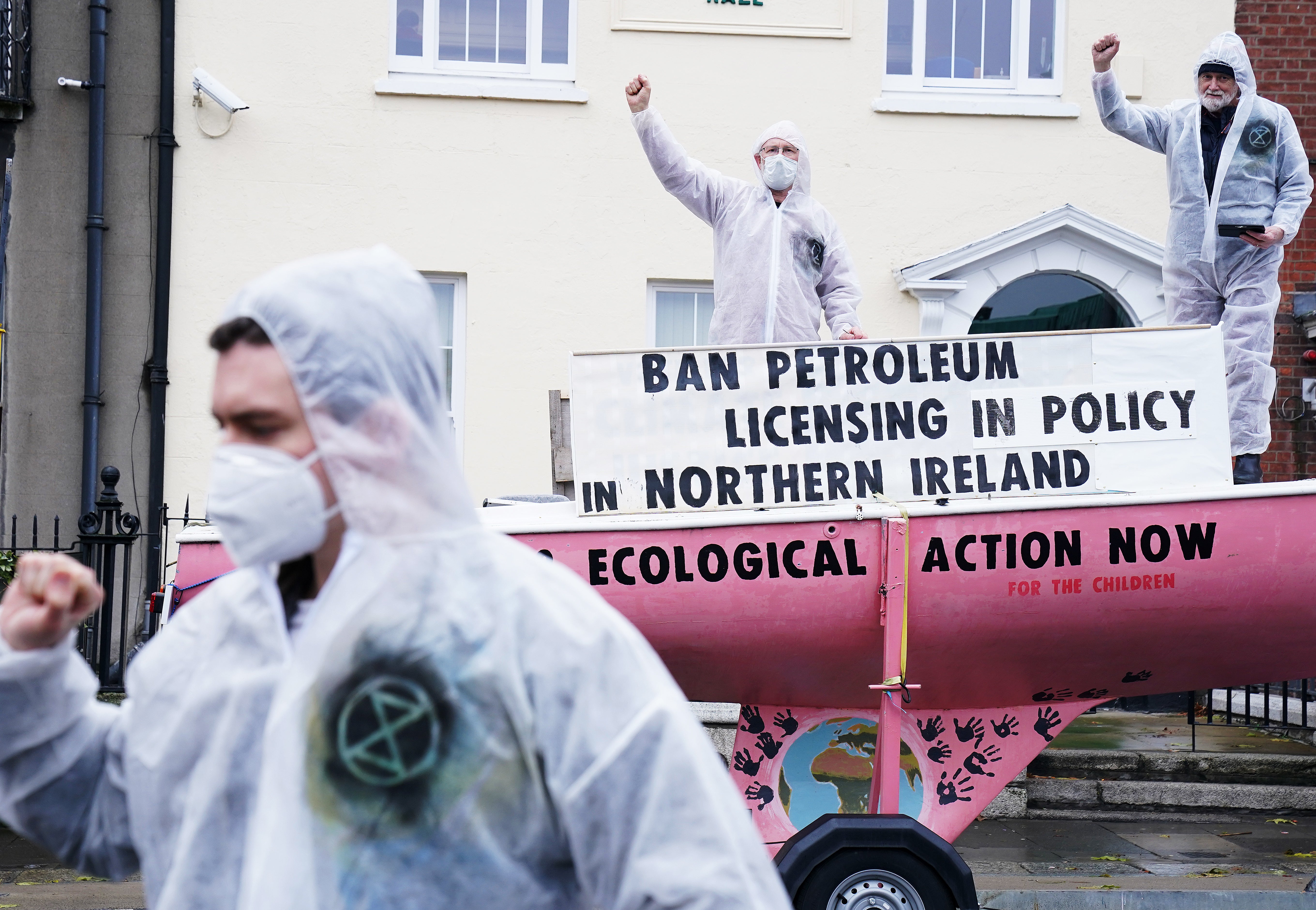 Extinction Rebellion activists held a demonstration outside Sinn Fein’s headquarters in Dublin calling for action in the Northern Ireland Executive over oil and gas exploration and extraction (Brian Lawless/PA)