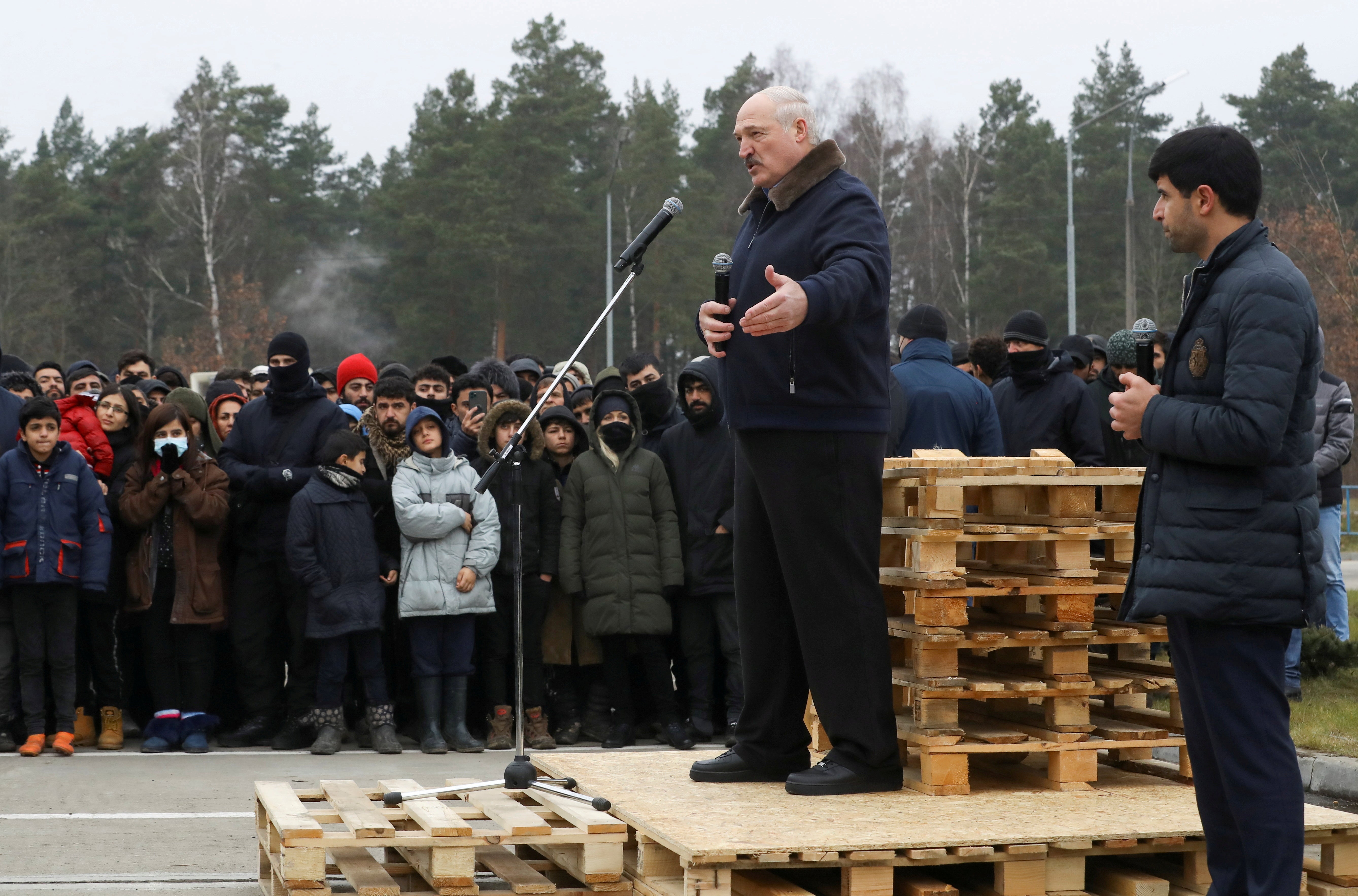 File photo: President Alexander Lukashenko speaks to migrants in the Grodno region, Belarus, November 26, 2021