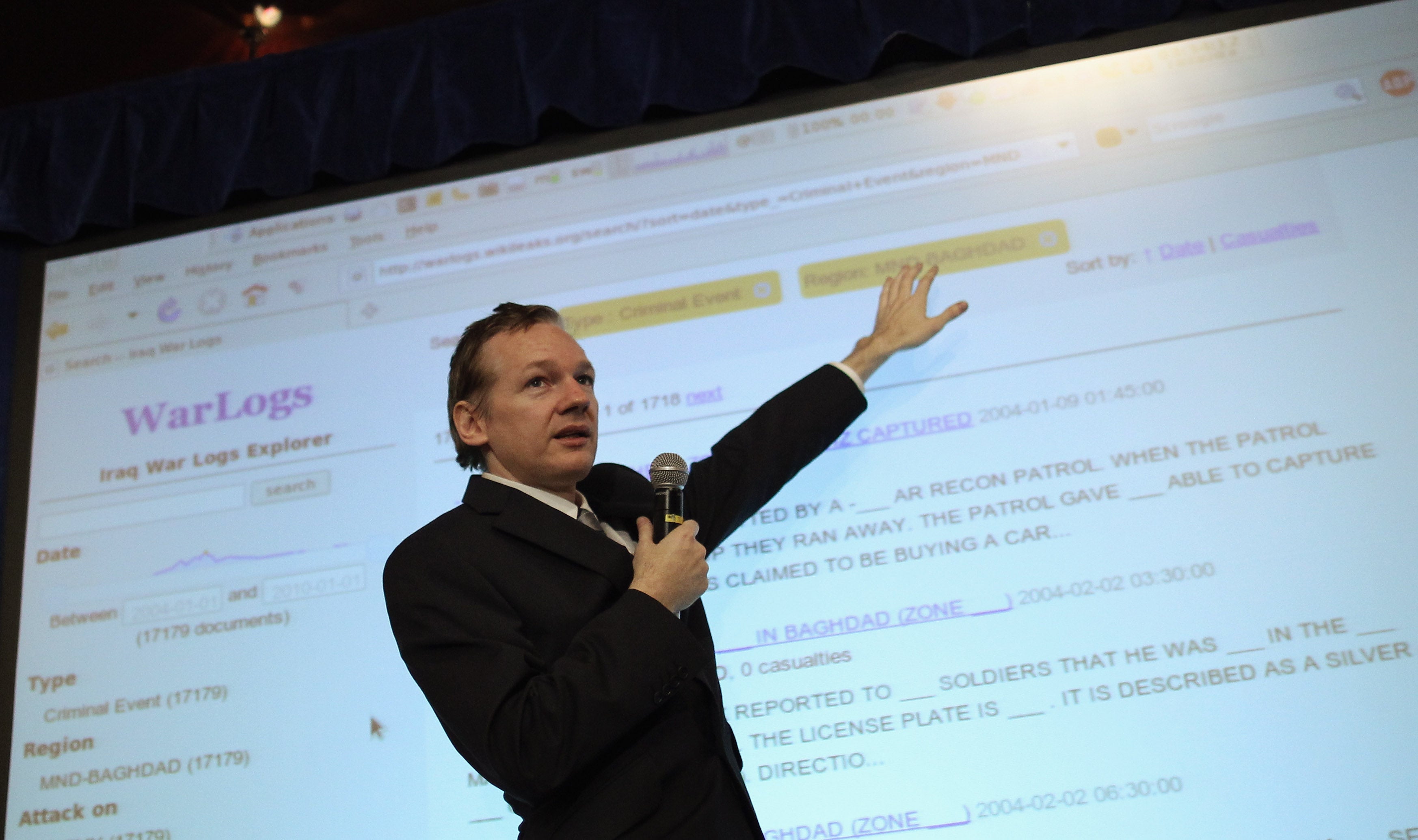 Assange at a press conference at Park Plaza Hotel in London in October 2010