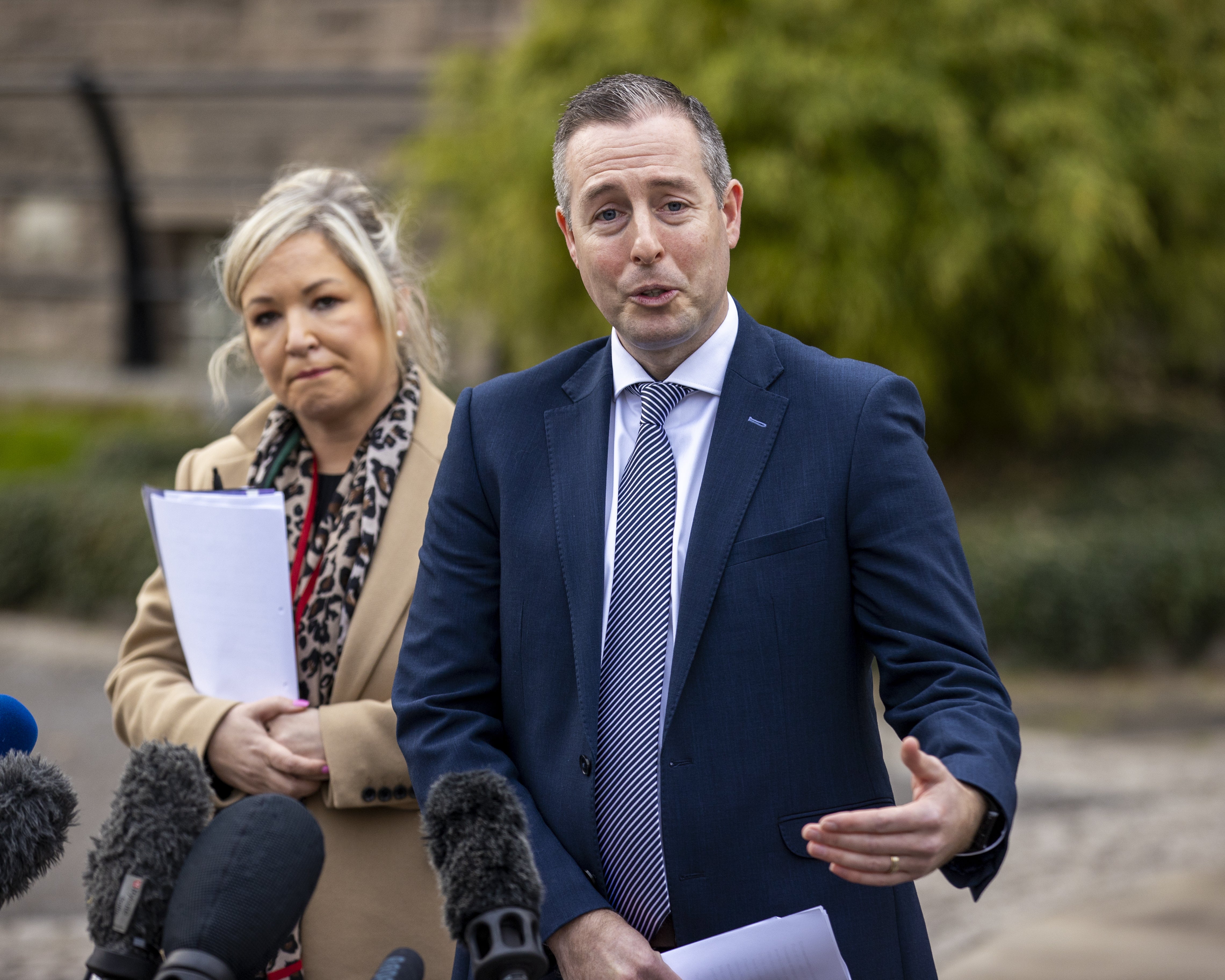 First Minister Paul Givan, right, and deputy First Minister Michelle O’Neill were visiting a vaccination centre in Lisburn (Liam McBurney/PA)