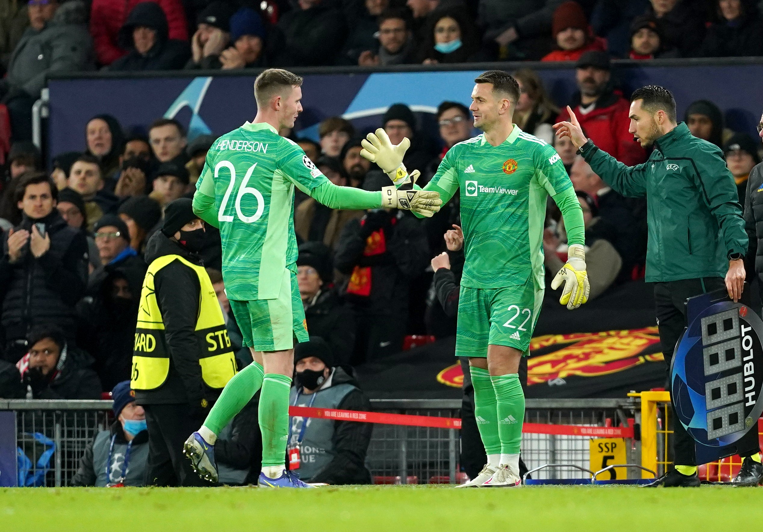 Tom Heaton (right) replaced Dean Henderson midway through the second half at Old Trafford (Martin Rickett/PA)