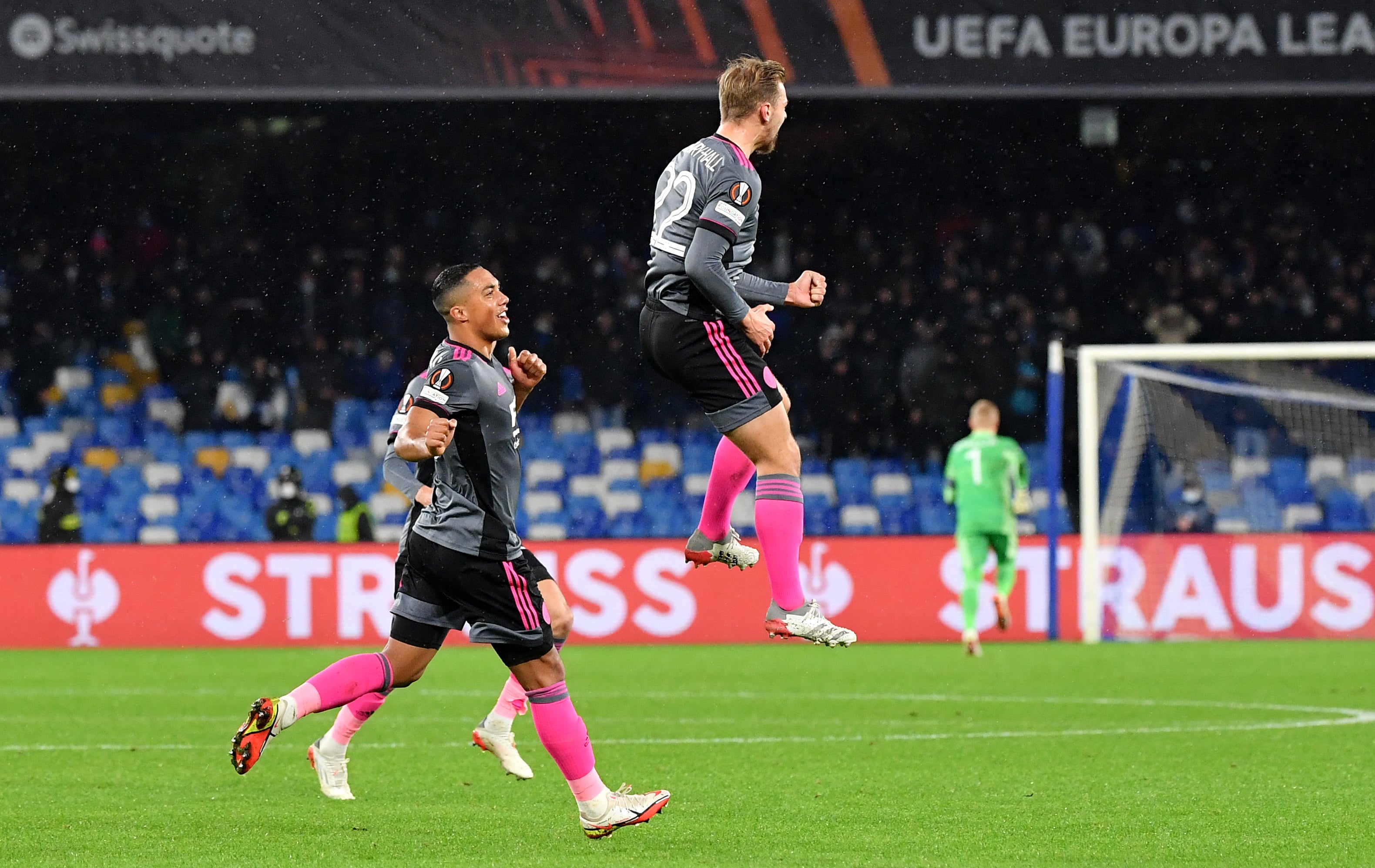 Kiernan Dewsbury-Hall (right) celebrates the equaliser