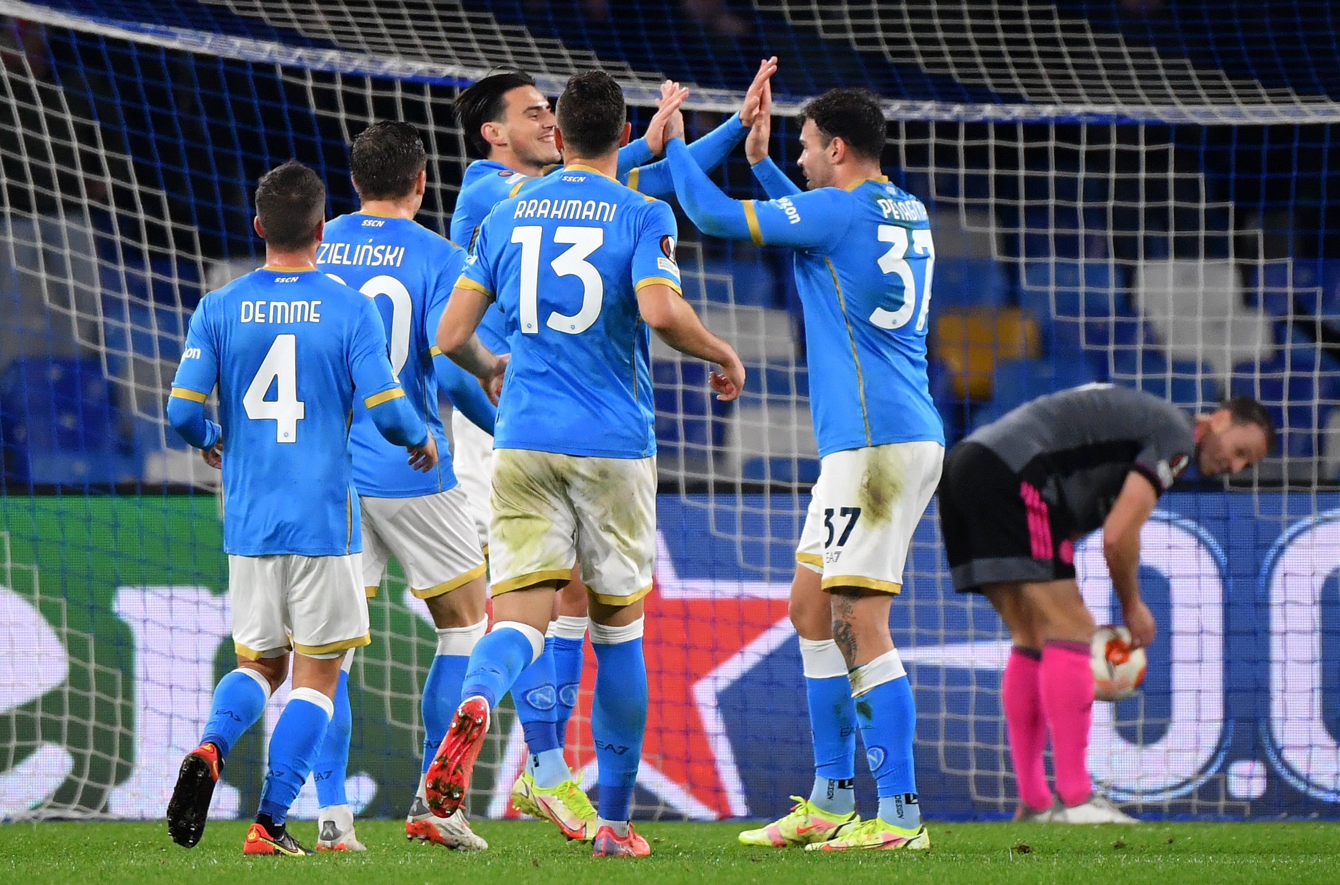 Napoli’s Eljif Elmas (centre) celebrates and Leicester are out of the Europa League (Carmelo Imbesi/PA)