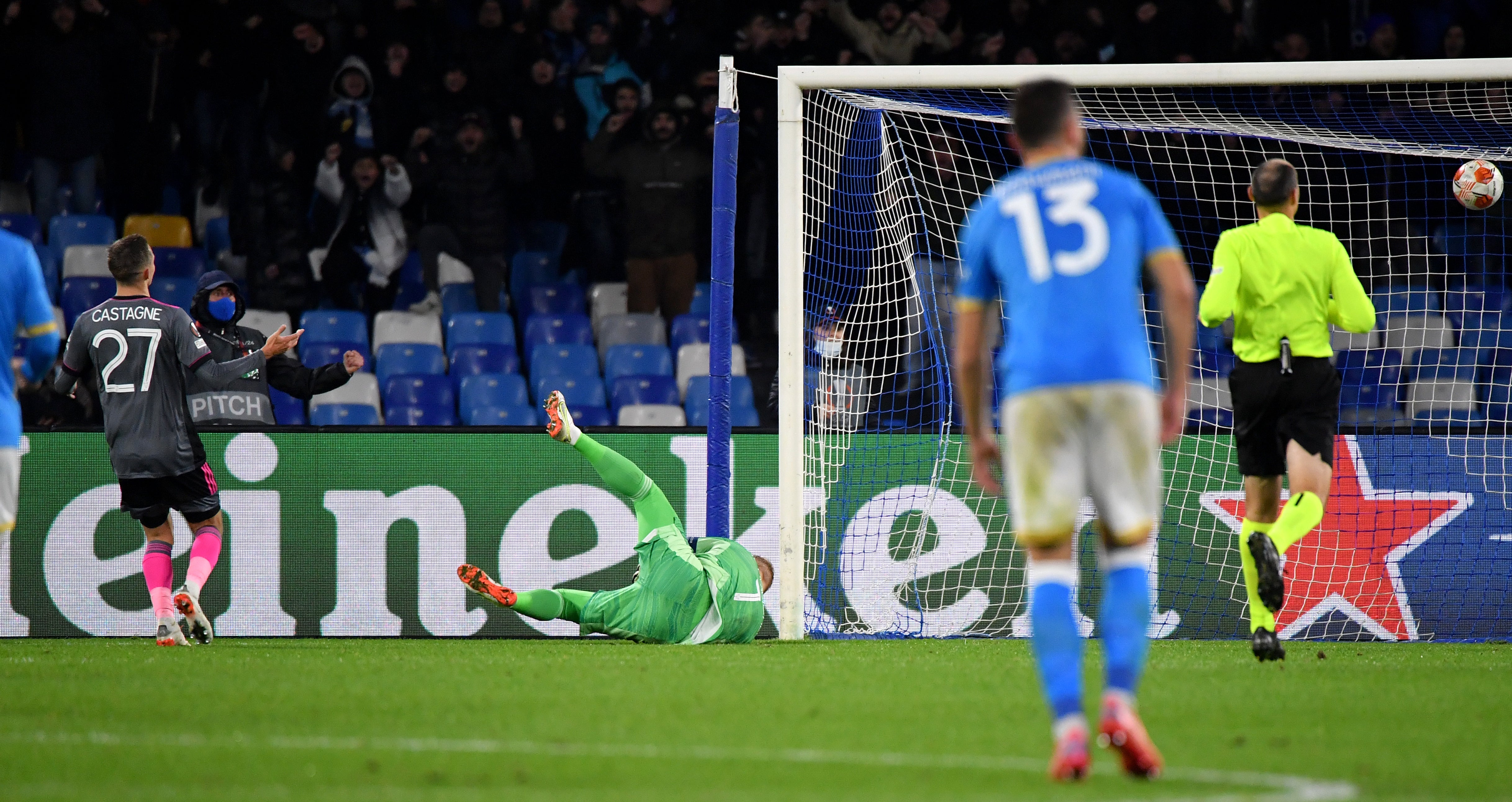 Kasper Schmeichel (centre) dives in vain as Elmas (not pictured) doubles the lead