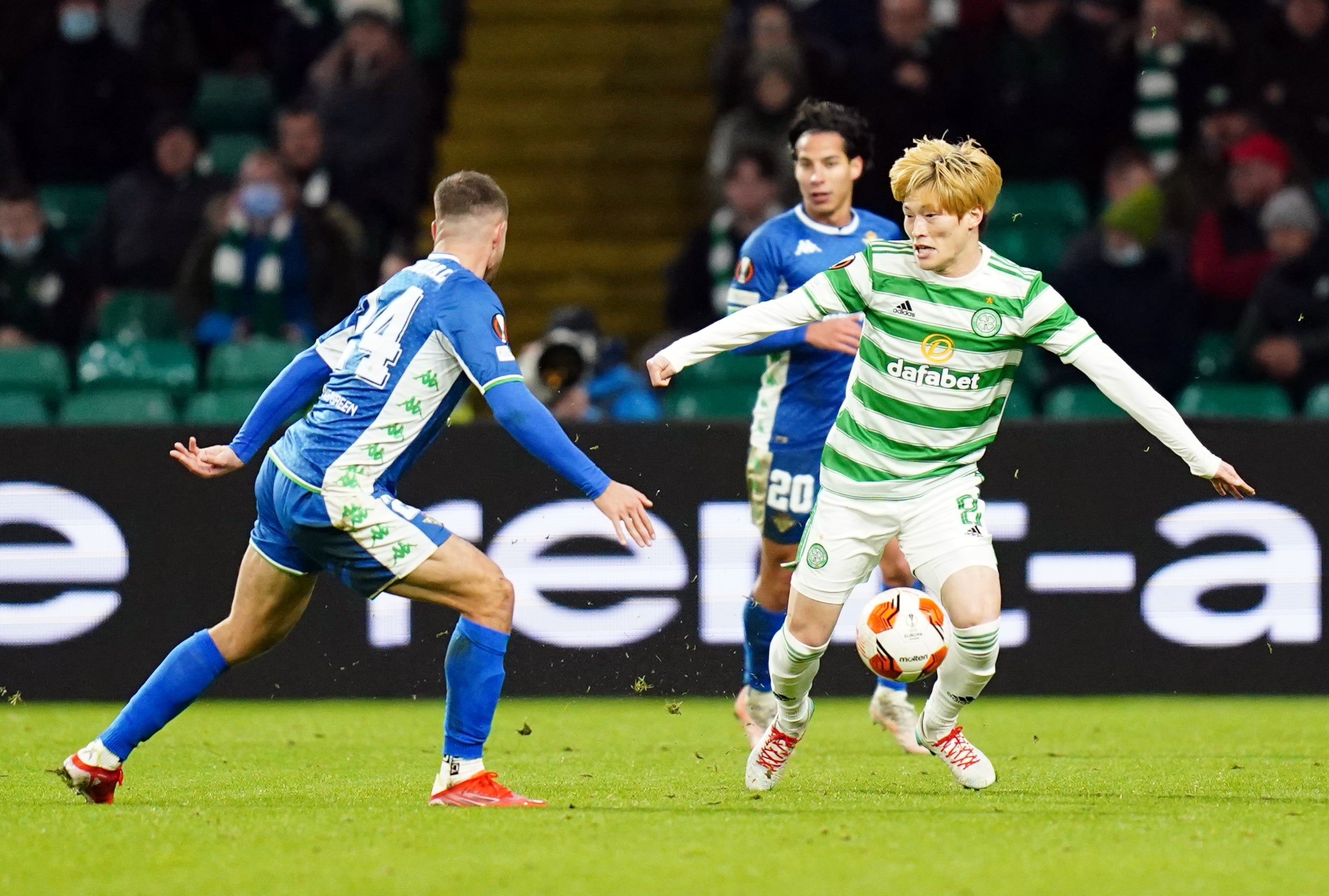 Celtic’s Kyogo Furuhashi suffered an injury (Jane Barlow/PA)