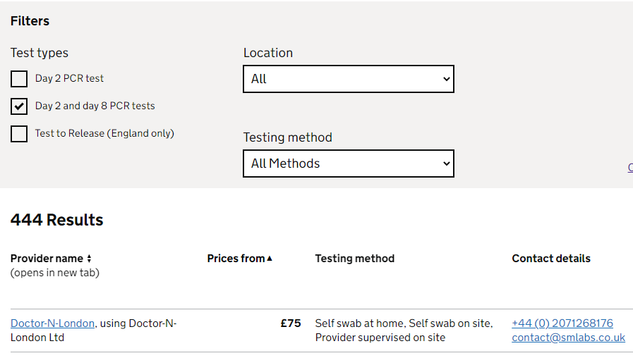 Doctor-N-London is one of the top results for PCR tests on the gov.uk website
