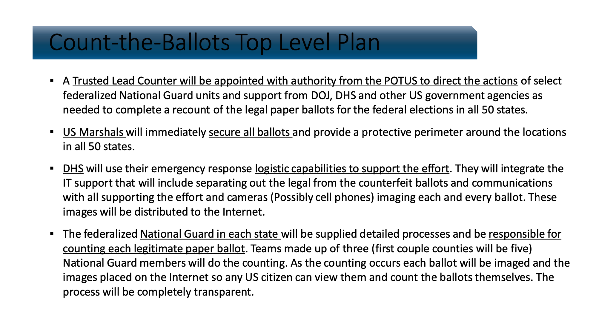 This slide lays out a plan for federalised national guard forces to supervise the recounting of ballots meant to find Mr Trump as the winner of the 2020 election