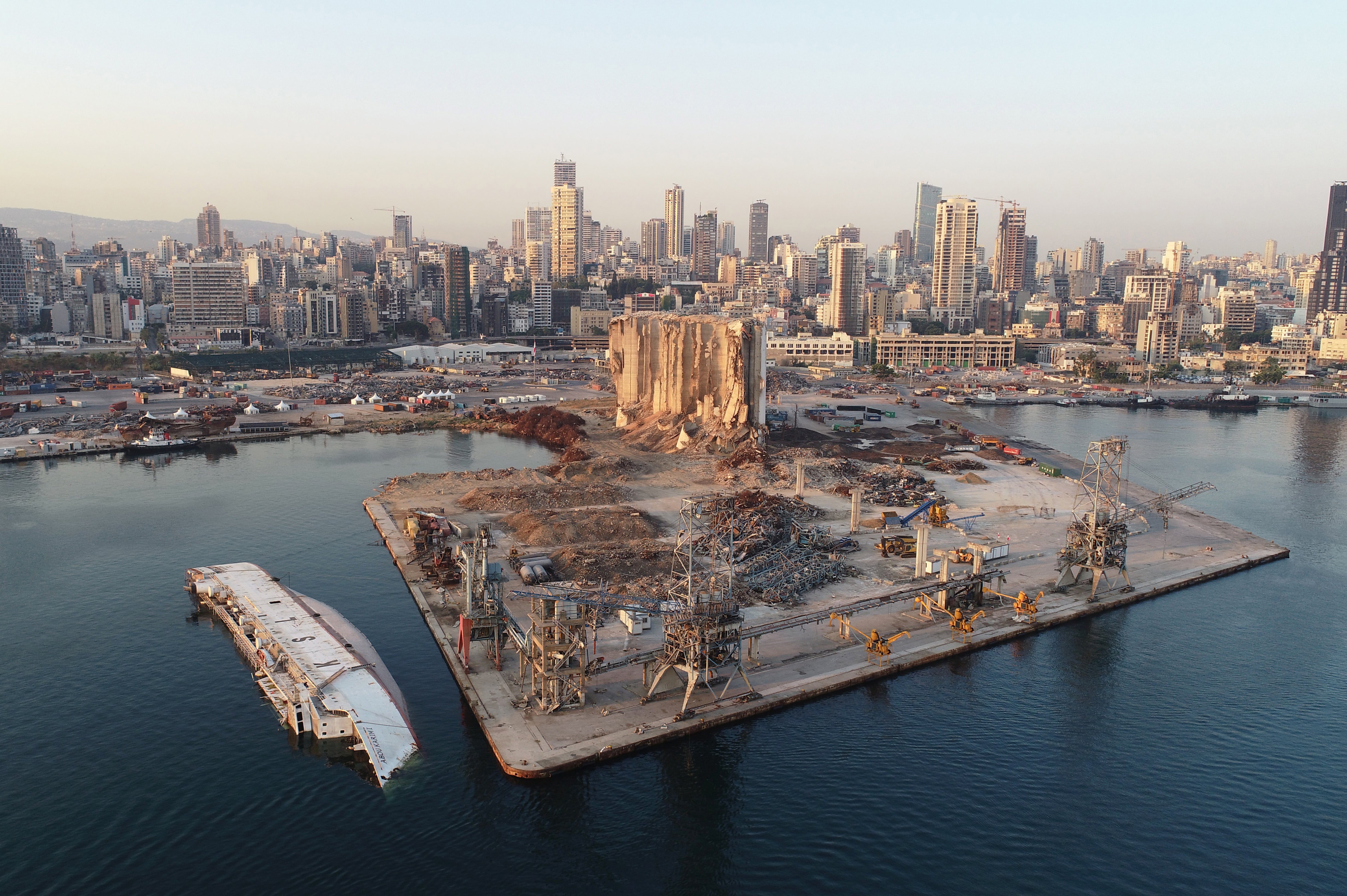 Drone footage shows the destroyed port area one year after a huge explosion hit Beirut in Lebanon