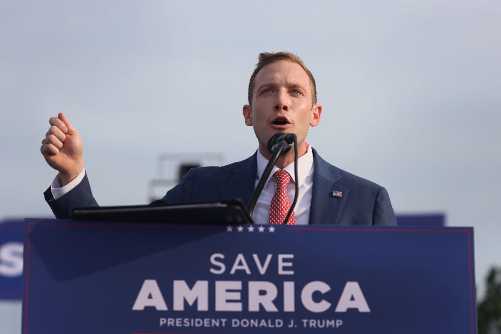 Max Miller speaks at a rally with former President Donald Trump at the Lorain County Fairgrounds on June 26, 2021 in Wellington, Ohio.