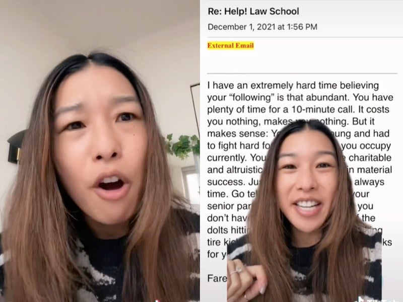 Lawyer shares ‘unhinged’ email she received from student asking for law school advice: ‘What not to do’