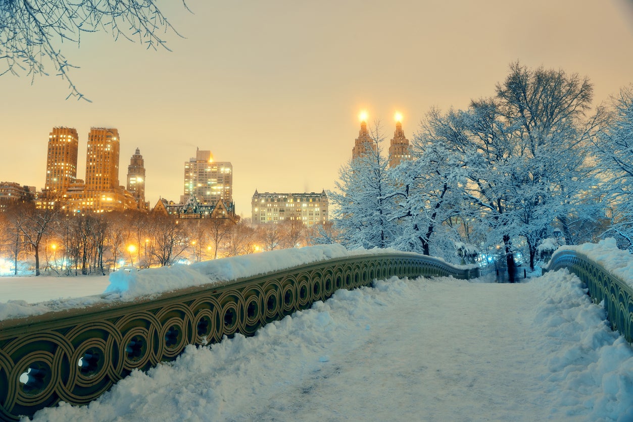 New York’s Central Park under a blanket of snow. It looks set to be unseasonably warm in most of the US over the festive period