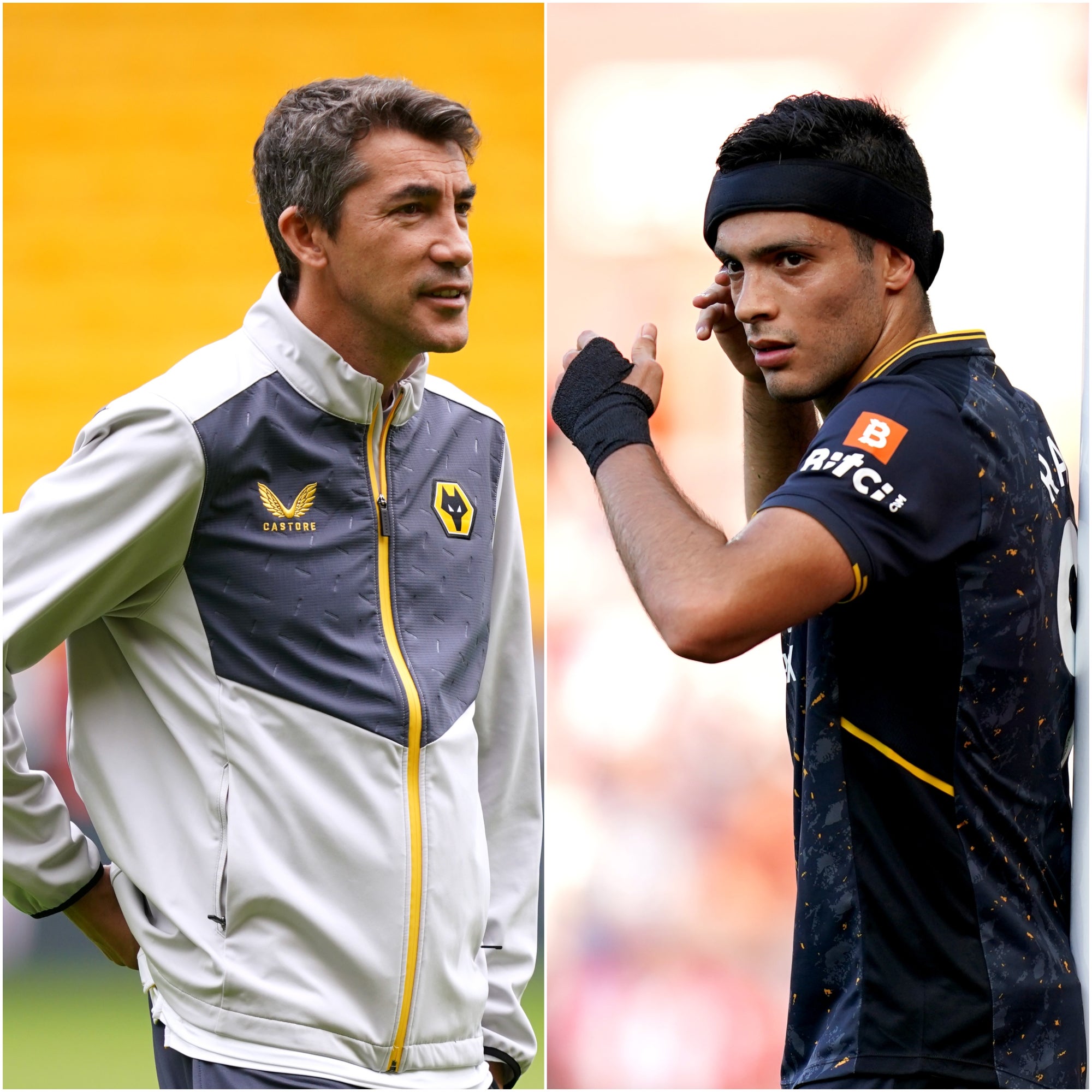 Bruno Lage, left, joked he does not want to give Raul Jimenez ‘ideas’ about joining Manchester City (David Davies/Adam Davy/PA)