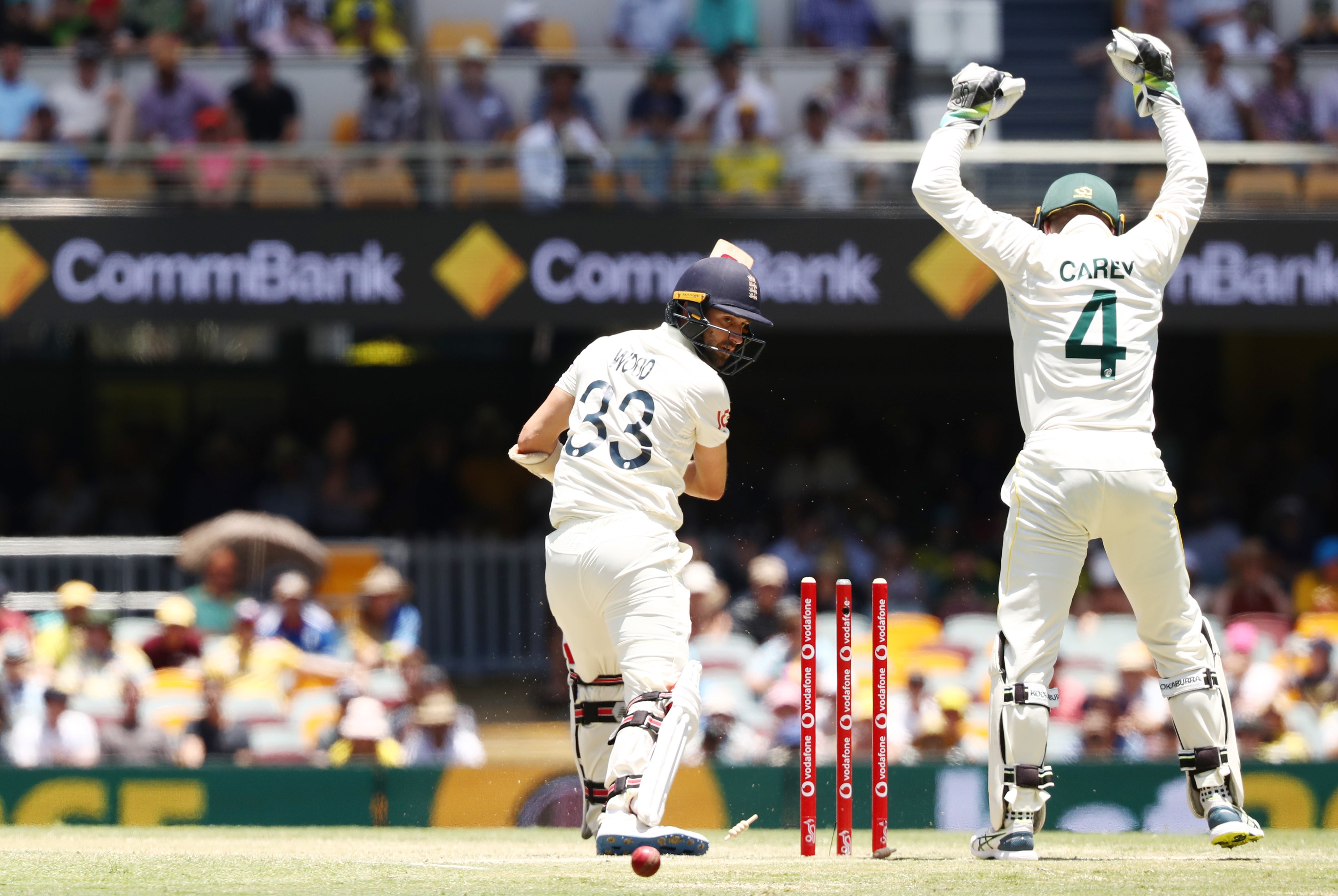 Wood was bowled by Nathan Lyon and when Chris Woakes departed, England had lost eight wickets for 74 to leave Australia needing just 20 to win (Jason O’Brien/PA)