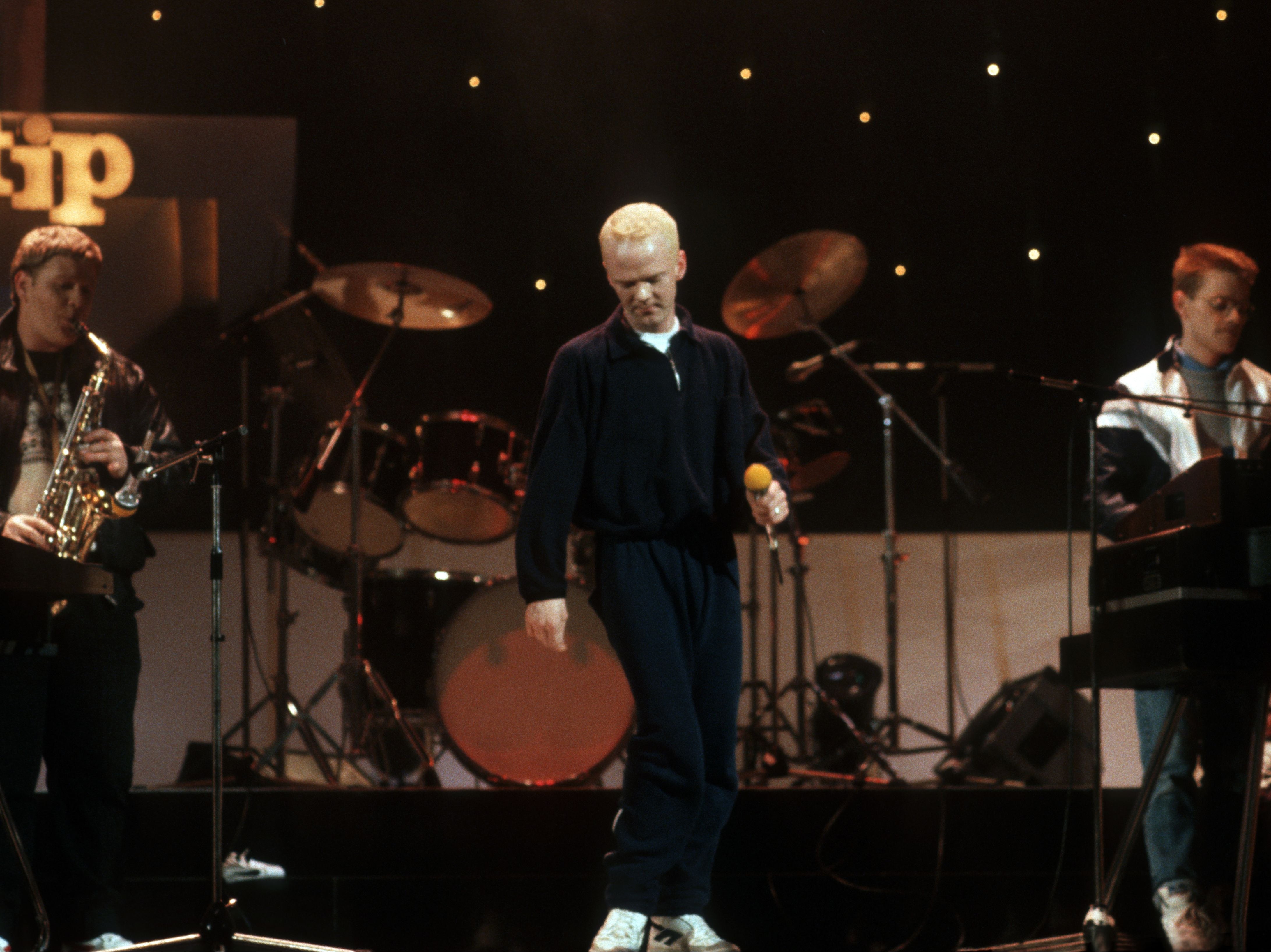 Steve Bronski (left), Jimmy Somerville and Larry Steinbachek performing in San Remo, Italy