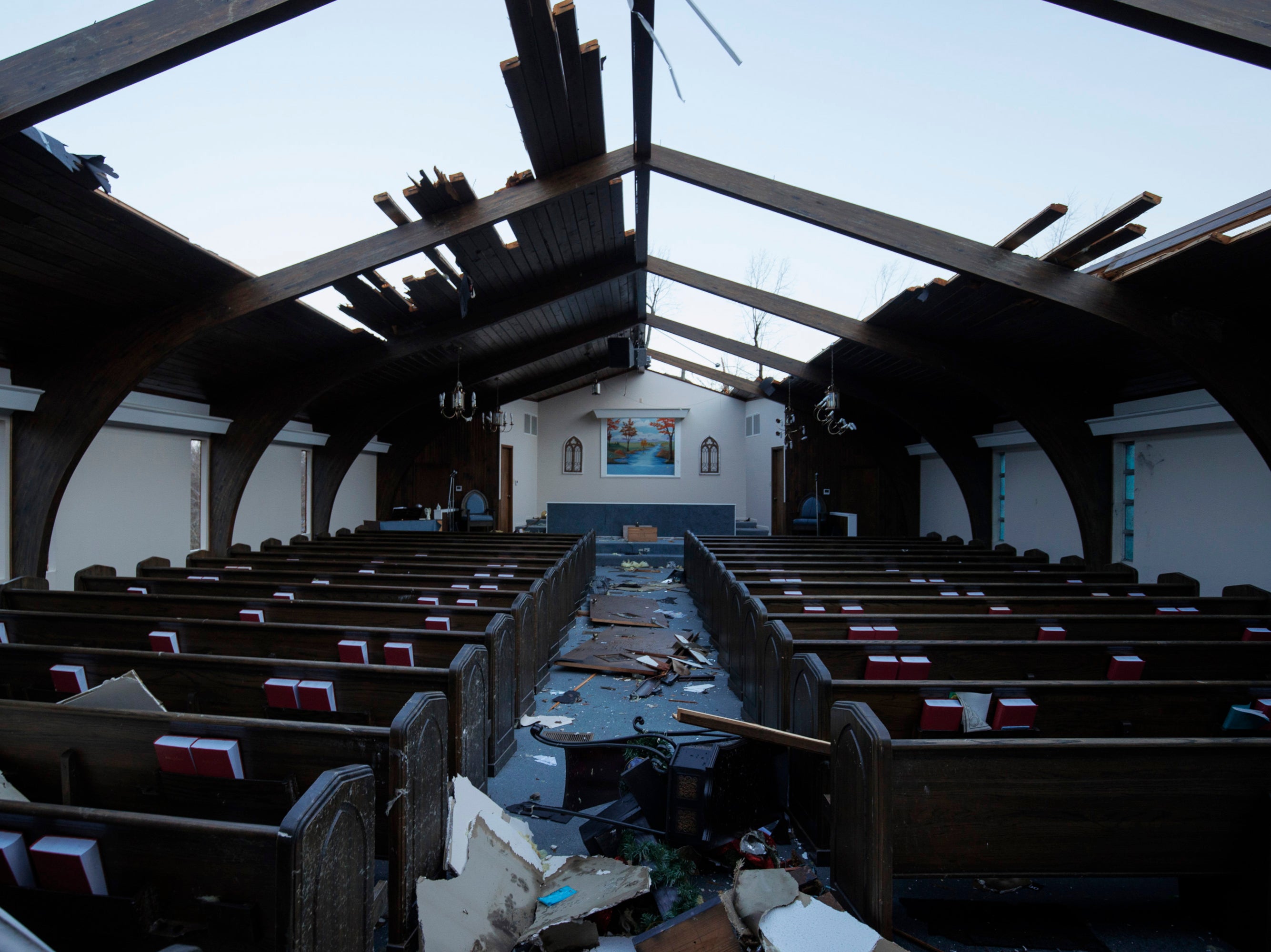 Interior view of tornado damage to Emmanuel Baptist Church on December 11, 2021 in Mayfield, Kentucky