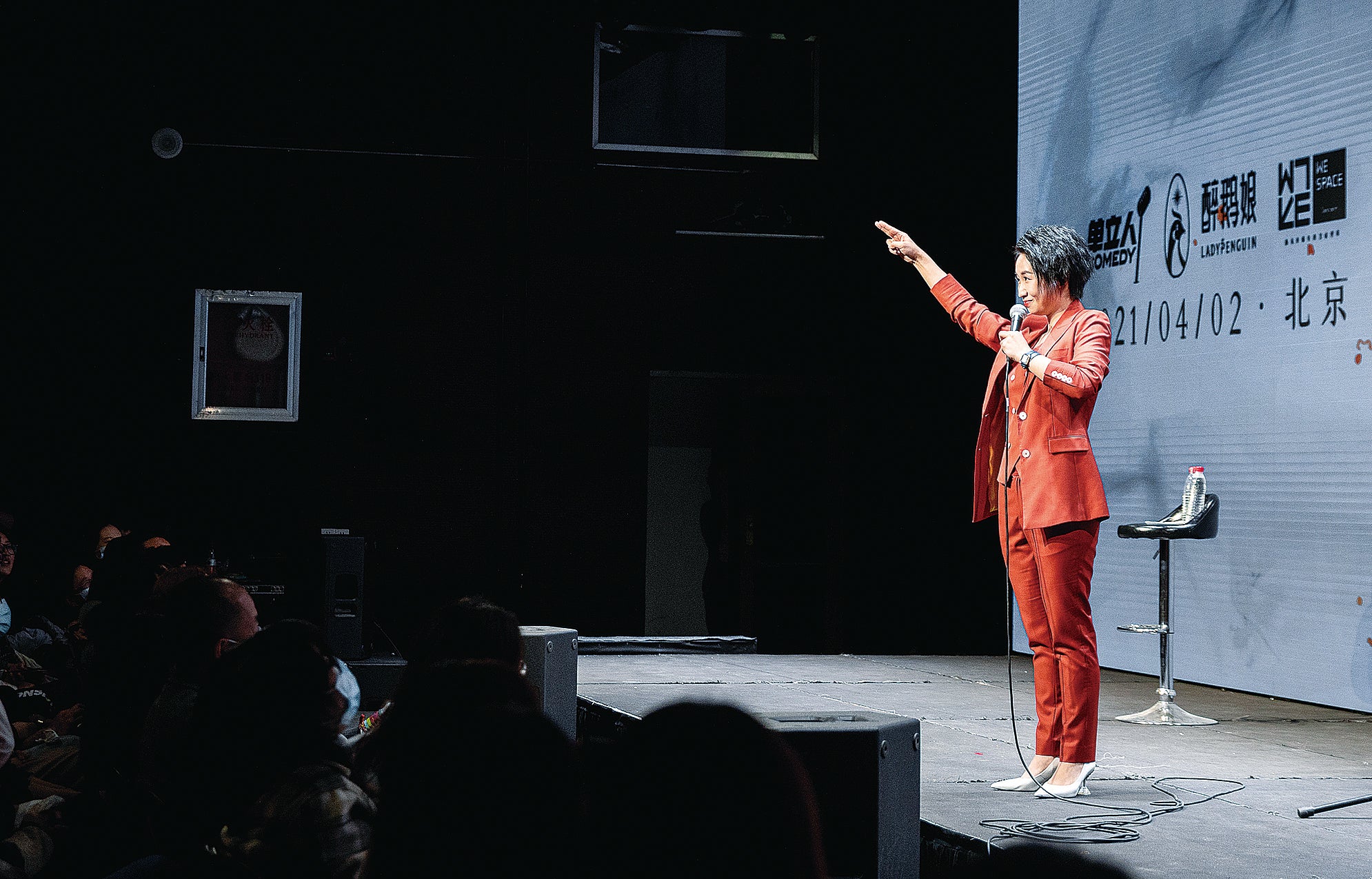 Comedian Xiaolu performs in an open-mic session