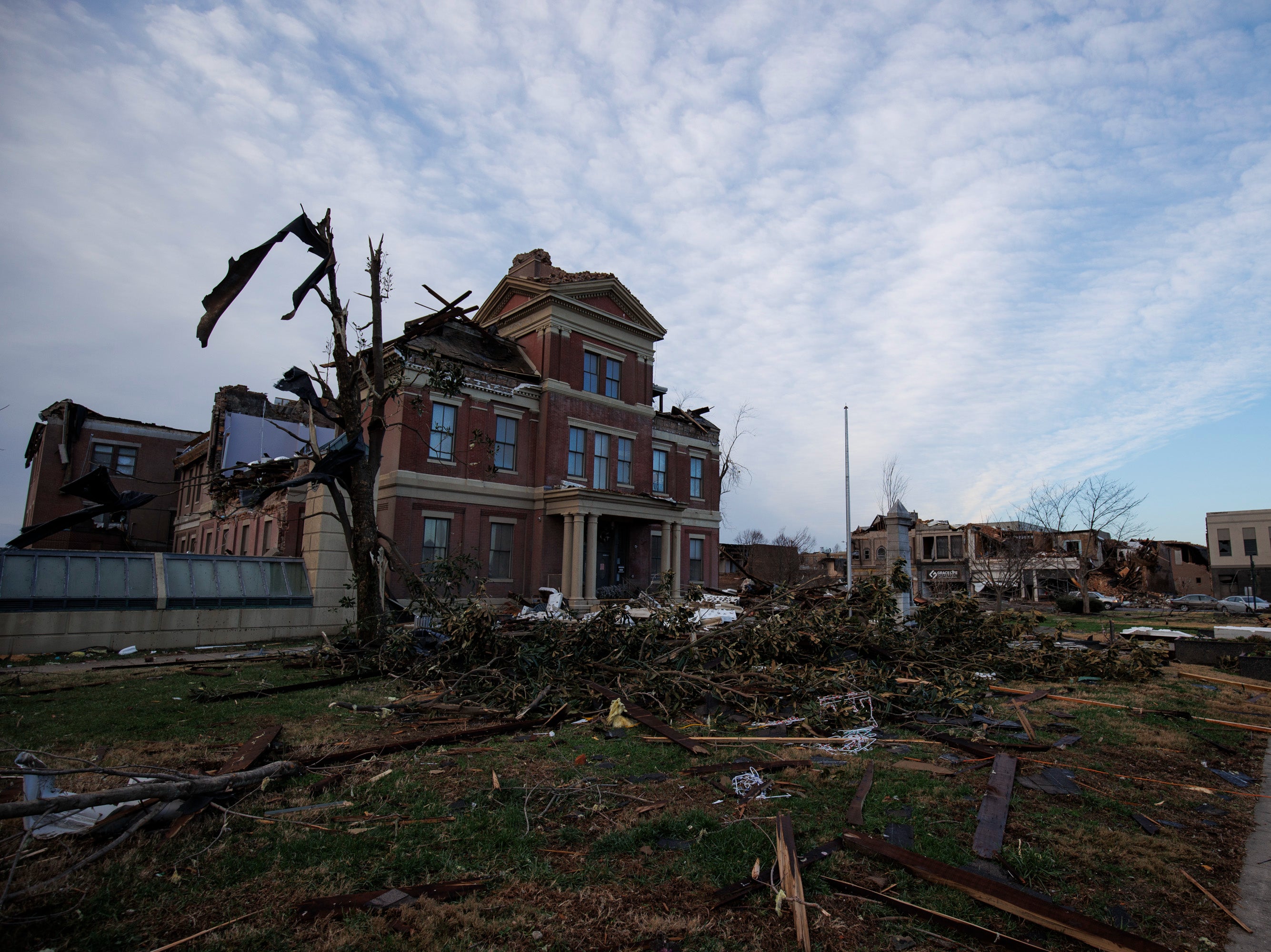 Heavy damage is seen of the town courthouse after a tornado swept through the area on December 11, 2021 in Mayfield, Kentucky