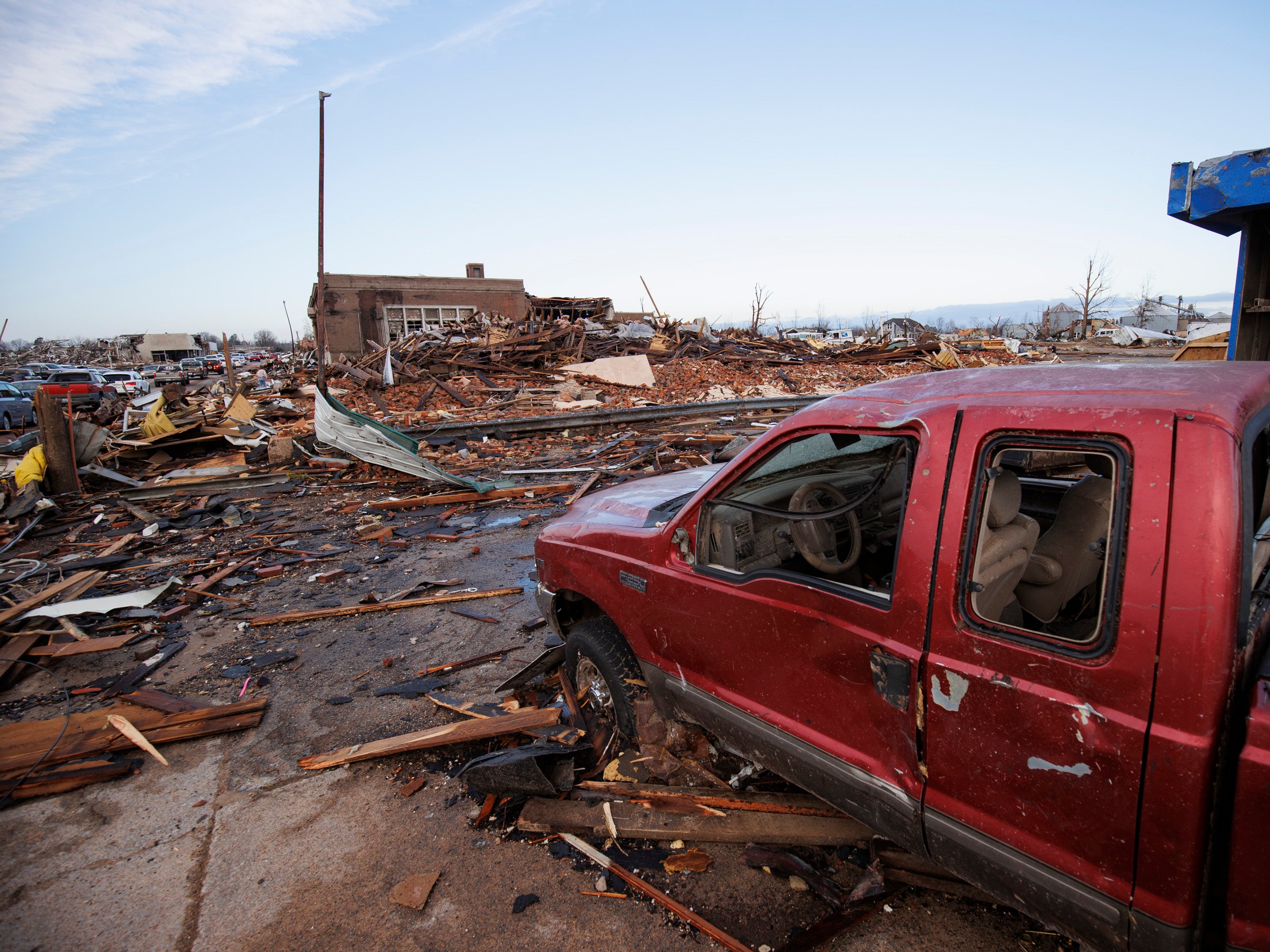 Heavy damage is seen downtown after a tornado swept through the area on December 11, 2021 in Mayfield, Kentucky