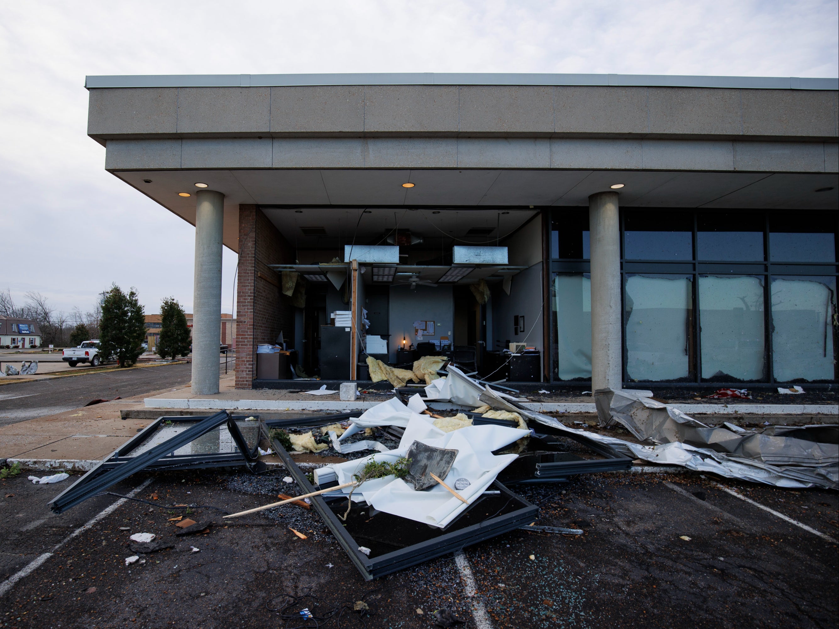 Heavy damage is seen of the Mayfield city hall and police department after a tornado swept through the area on December 11, 2021 in Mayfield, Kentucky