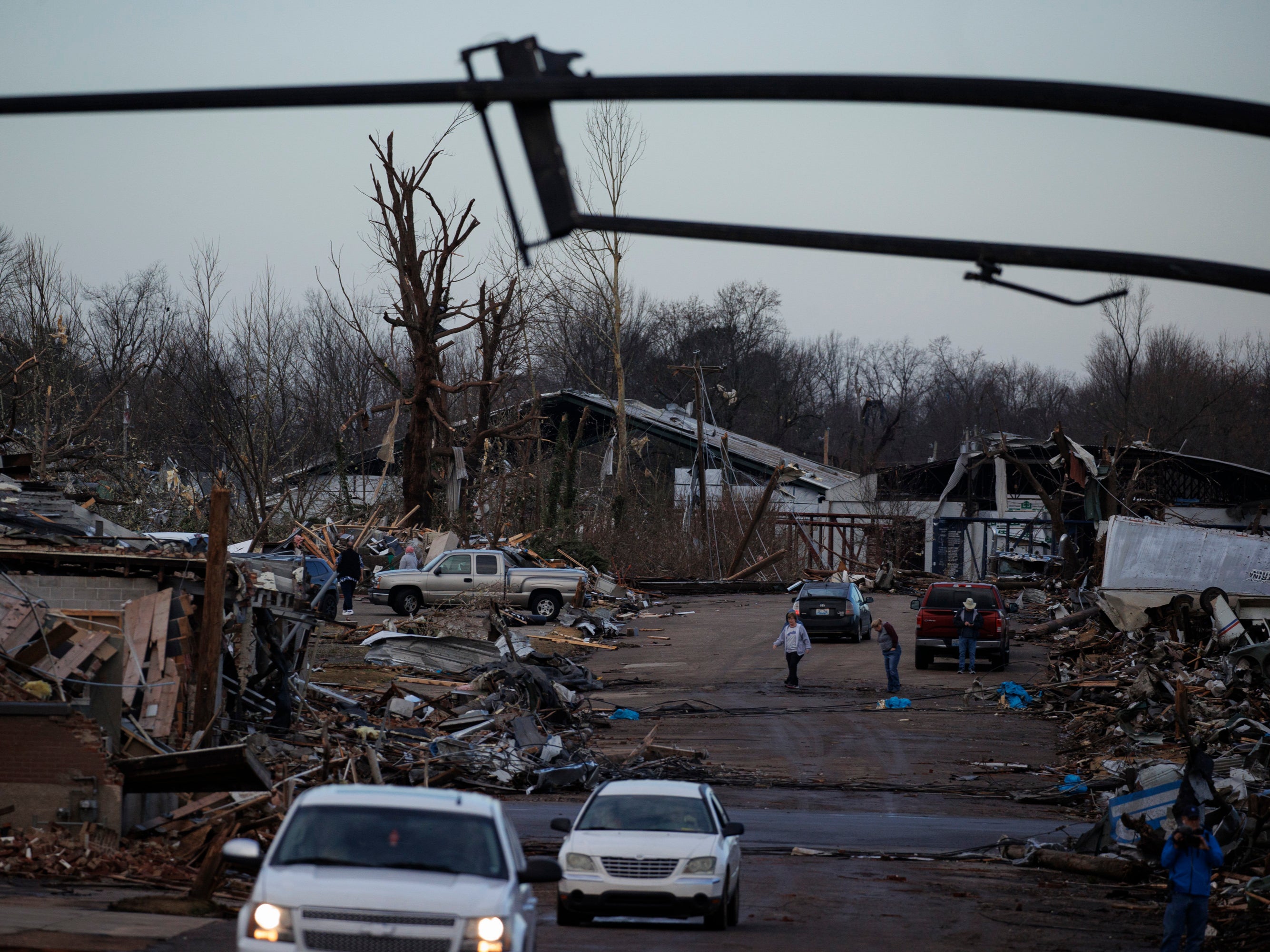 Heavy damage is seen downtown after a tornado swept through the area on December 11, 2021 in Mayfield, Kentucky