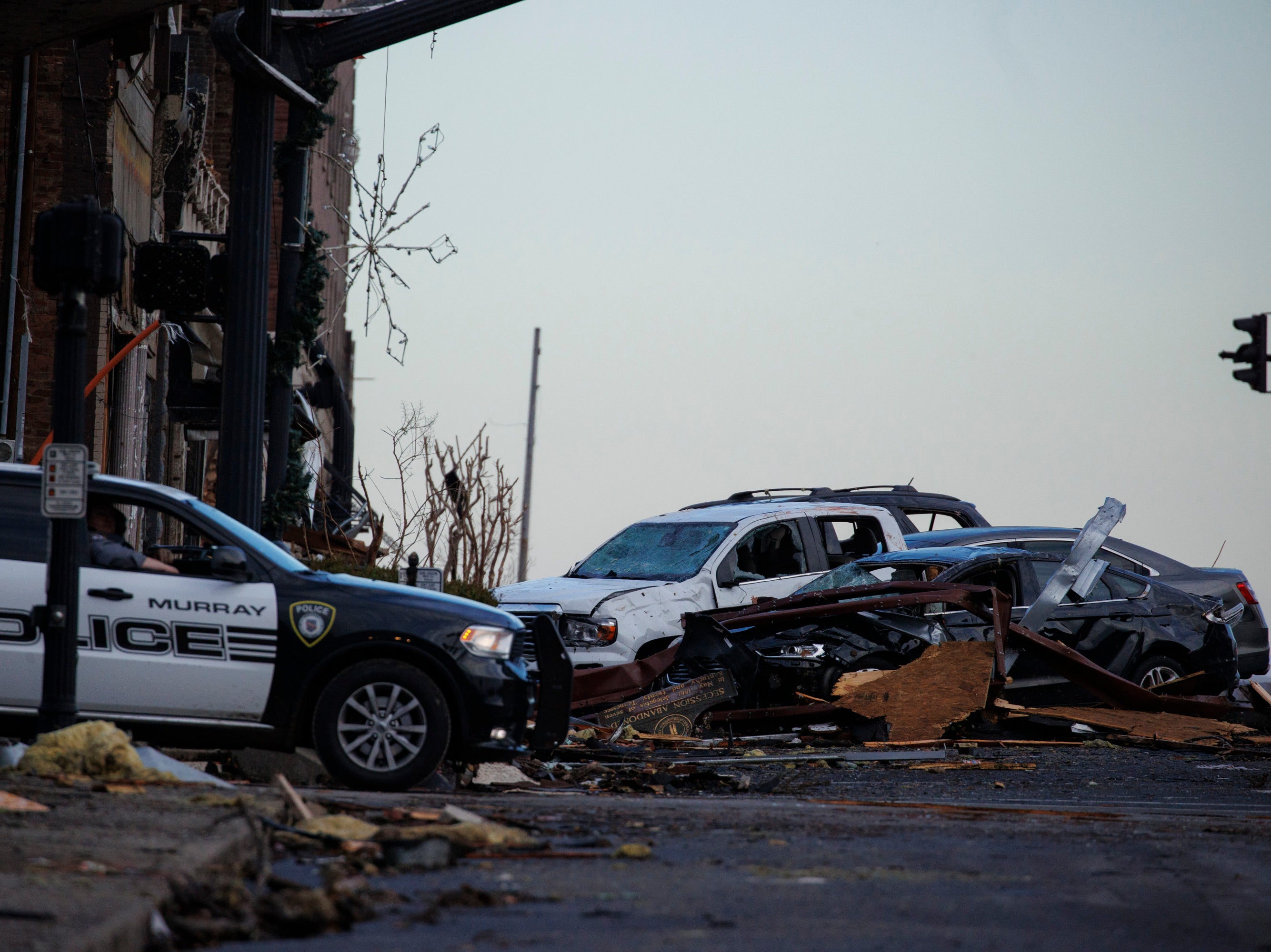 Heavy damage is seen downtown after a tornado swept through the area on December 11, 2021 in Mayfield, Kentucky