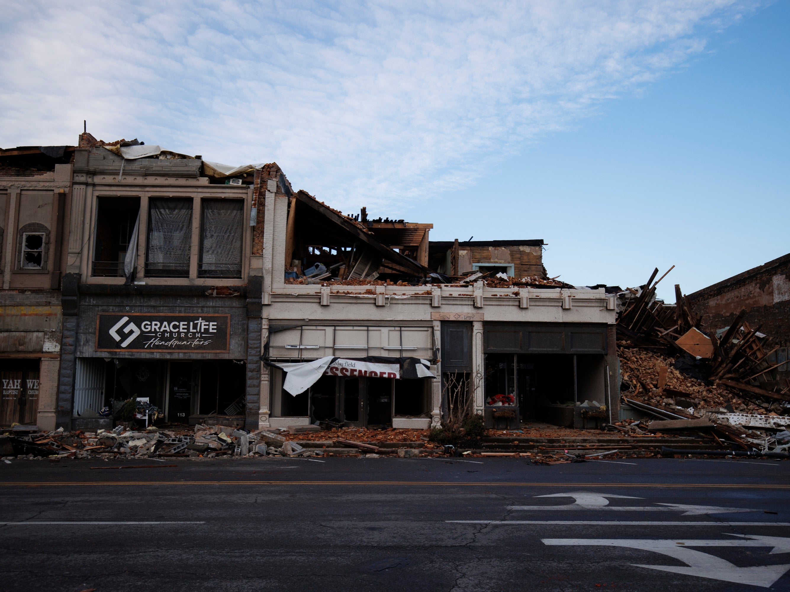 Heavy damage is seen downtown after a tornado swept through the area on December 11, 2021 in Mayfield, Kentucky