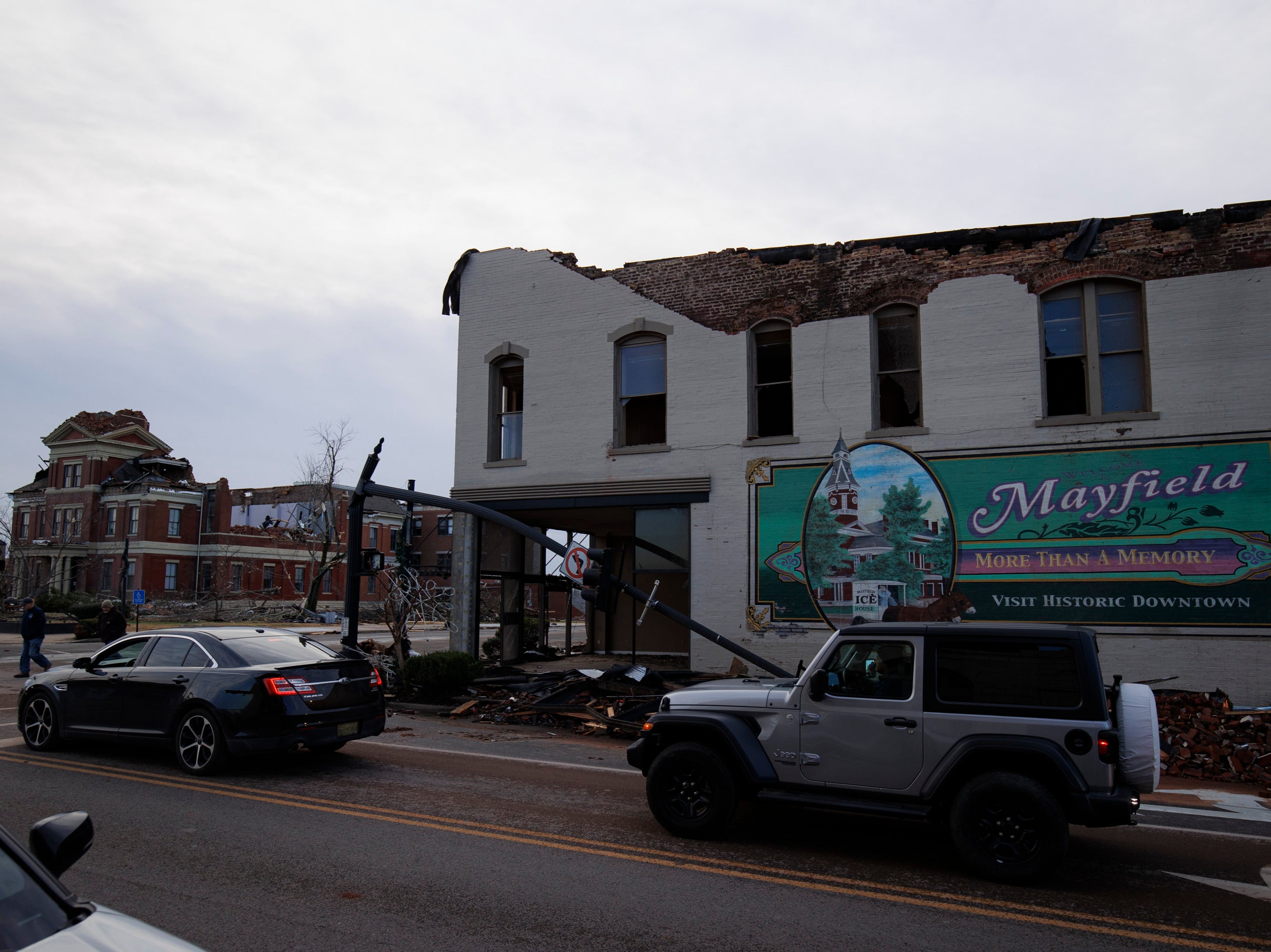 Heavy damage is seen downtown after a tornado swept through the area on December 11, 2021 in Mayfield, Kentucky