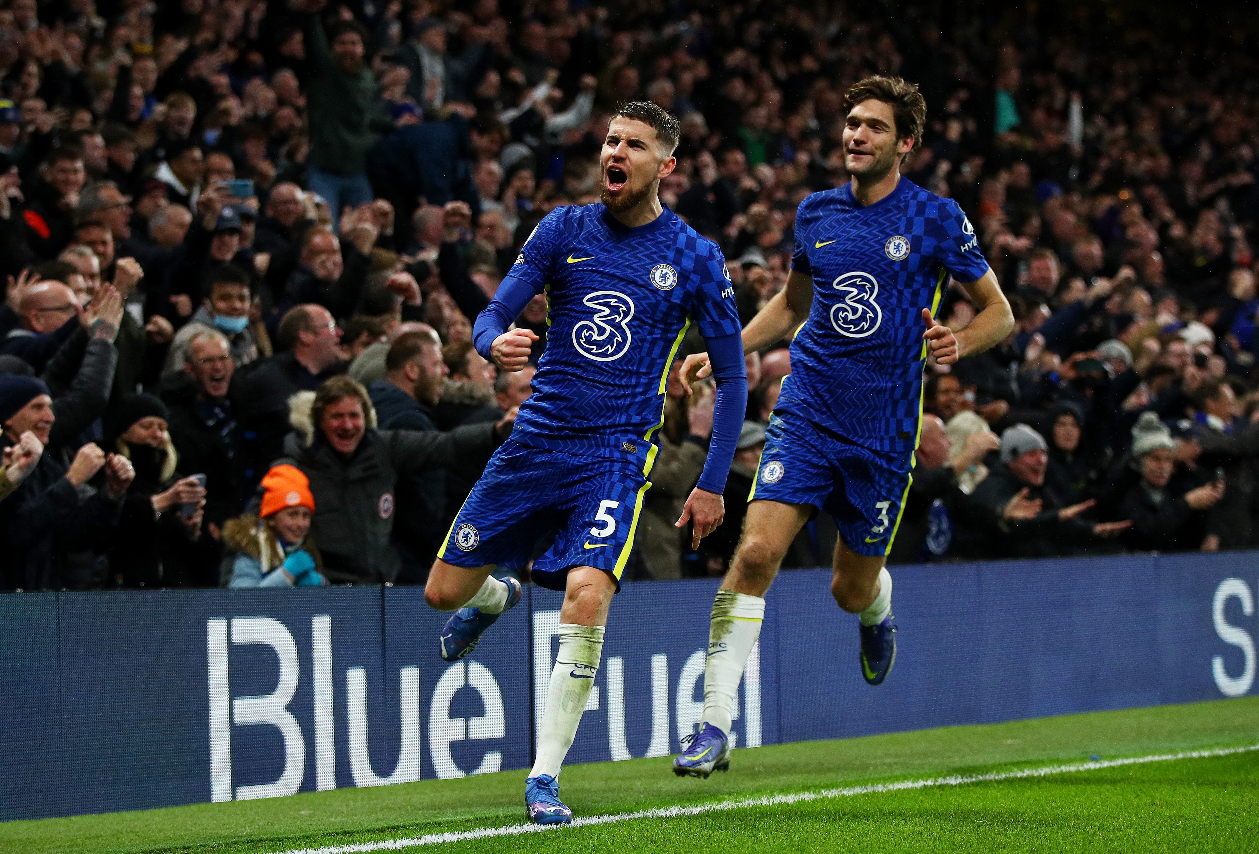 Jorginho of Chelsea celebrates with Marcos Alonso