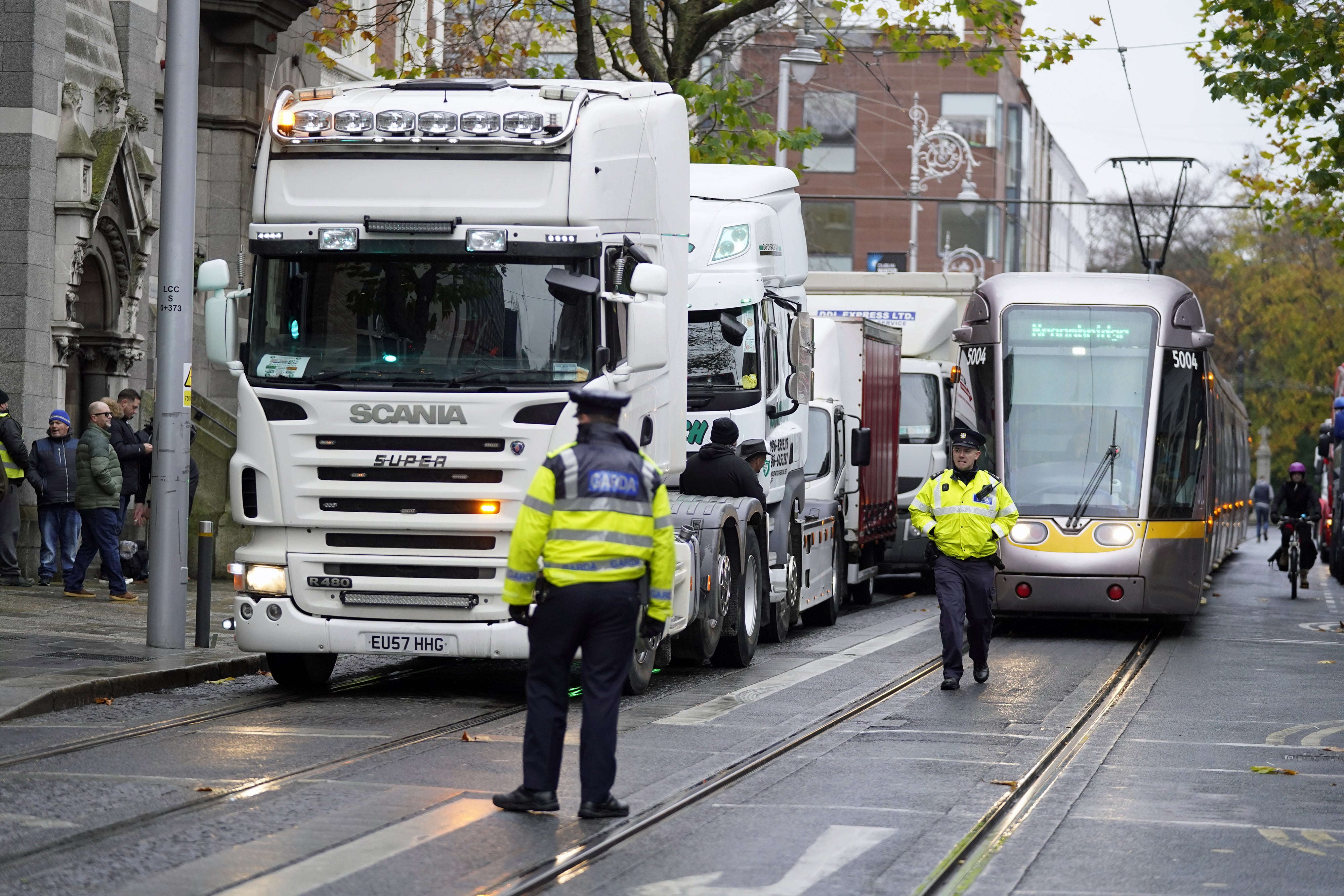 Lorry drivers take part in a protest in Dublin city centre to call for lower fuel prices (Niall Carson/PA)