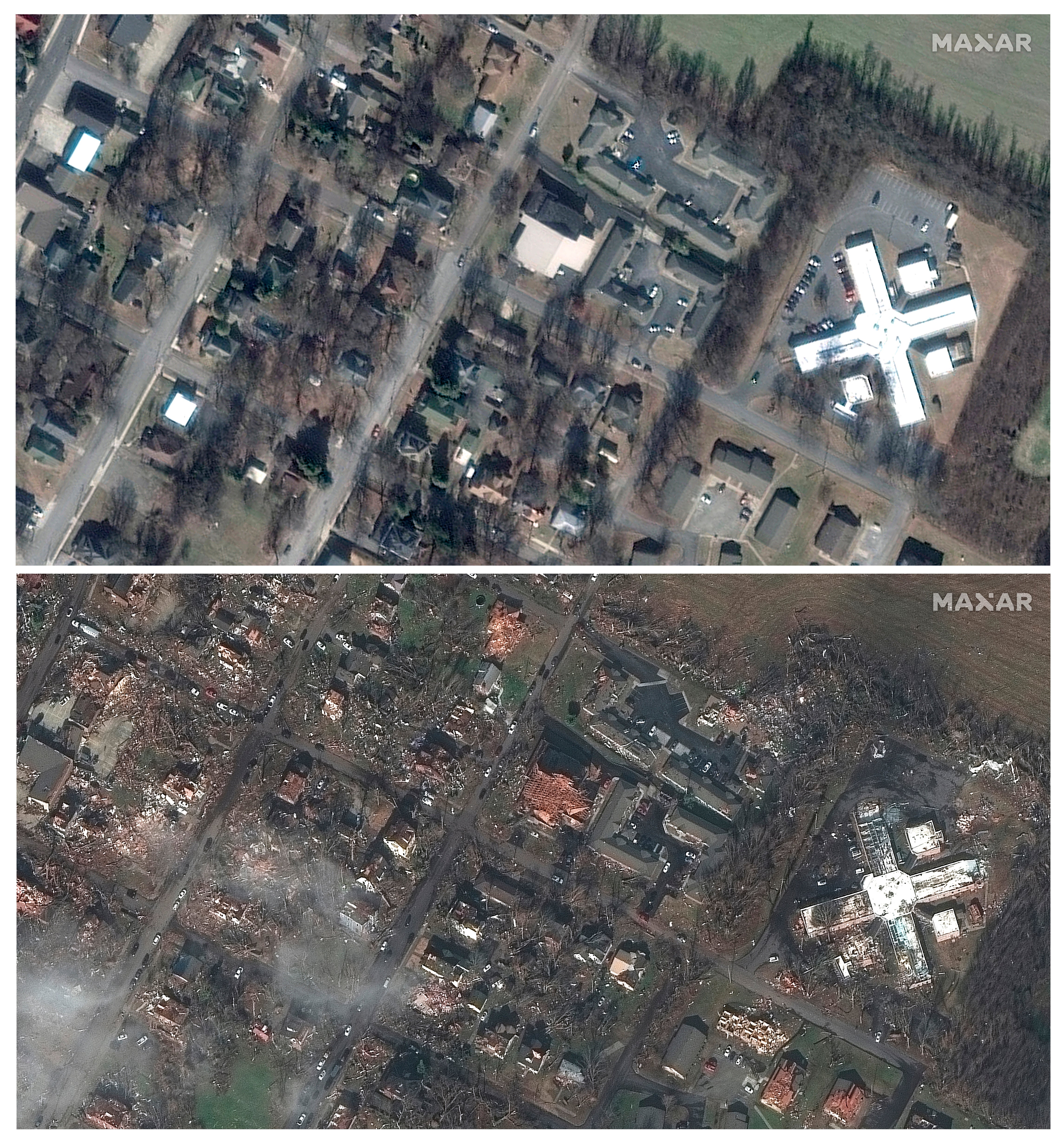 This combination of satellite images shows homes and buildings in Mayfield, Kentucky on 28 January 2017 (top) and below on Saturday, 11 December 2021, after a tornado caused heavy damage in the area