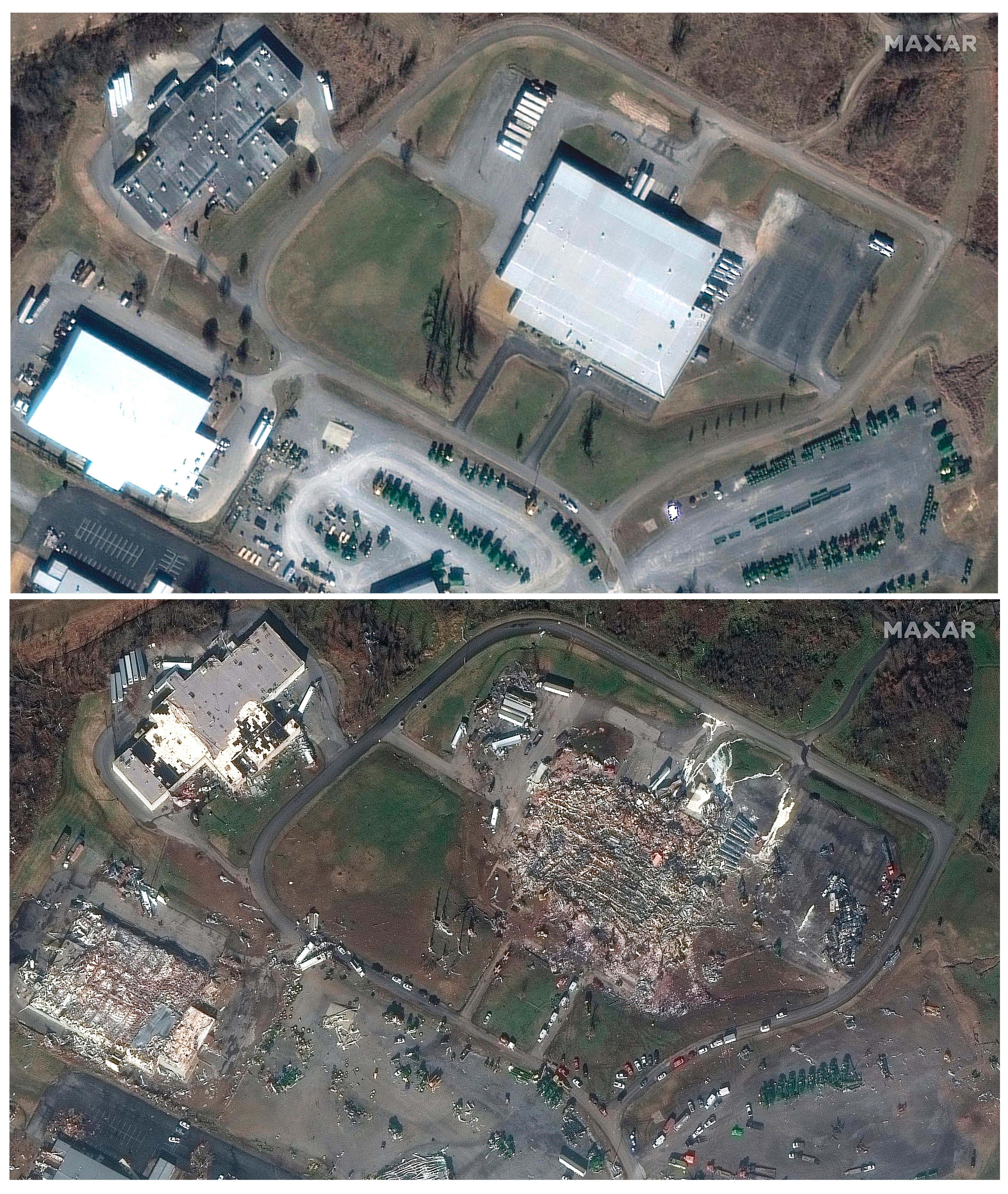 This combination of satellite images shows Mayfield Consumer Products candle factory and nearby buildings, in Mayfield, Kentucky, on 28 January 2017 (top), and below on Saturday, 11 December 2021, after a tornado caused heavy damage in the area