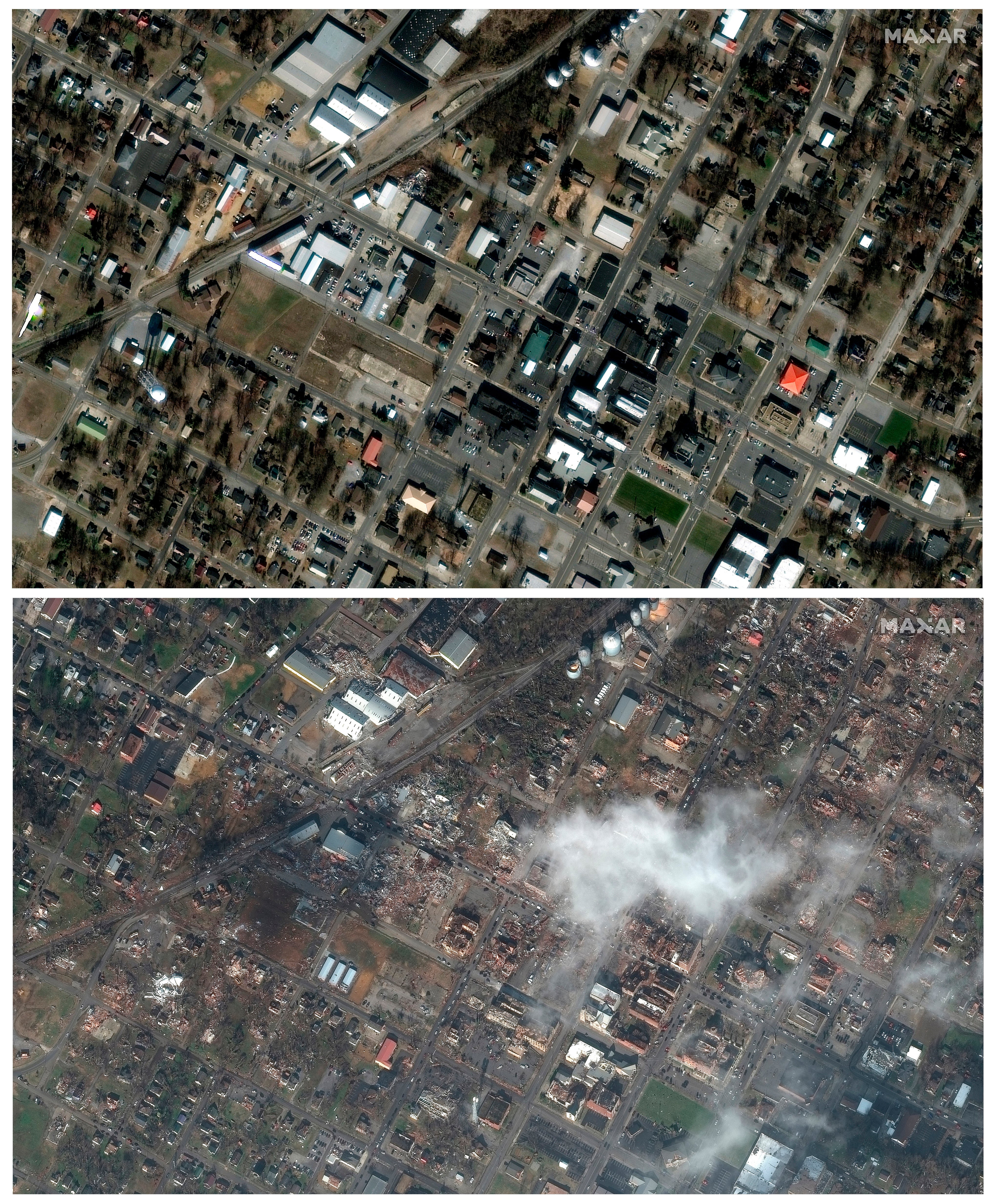 This combination of satellite images shows an overview of downtown Mayfield, Kentucky on 28 January 2017 (top), and below on Saturday, 11 December 2021, after a tornado caused heavy damage in the area