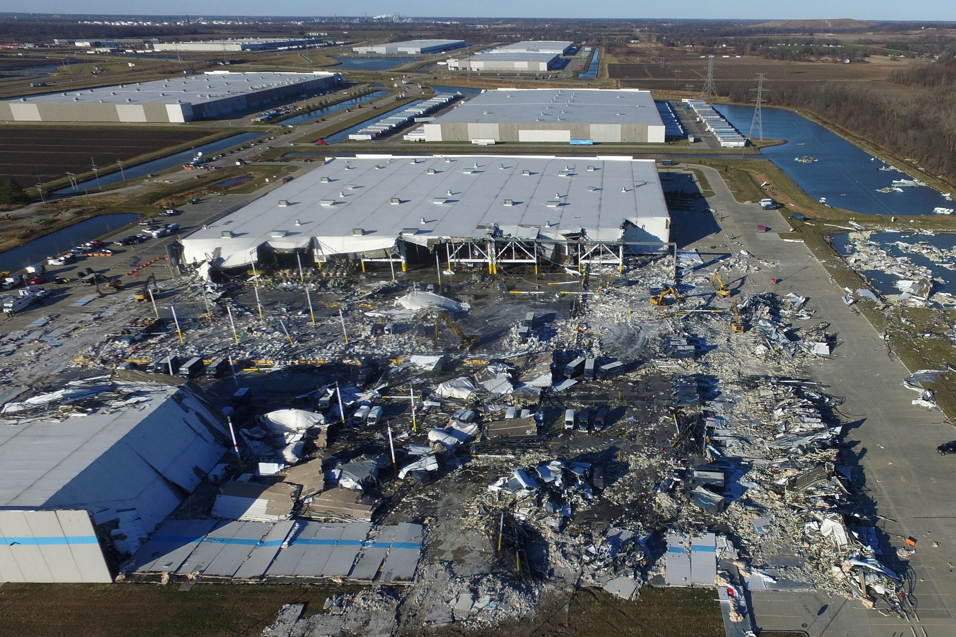 The site of a roof collapse at an Amazon distribution centre