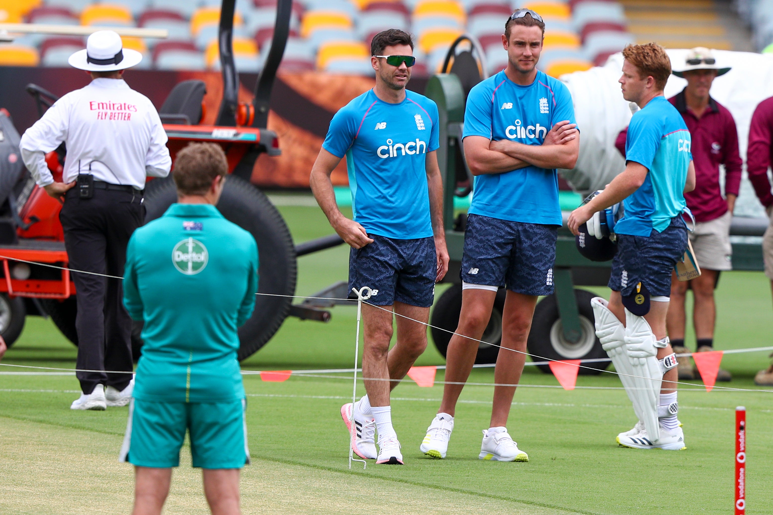 James Anderson (centre) and Stuart Broad (second right) gave a serious workout in the nets after being left out in Brisbane (Tertius Pickard/AP)