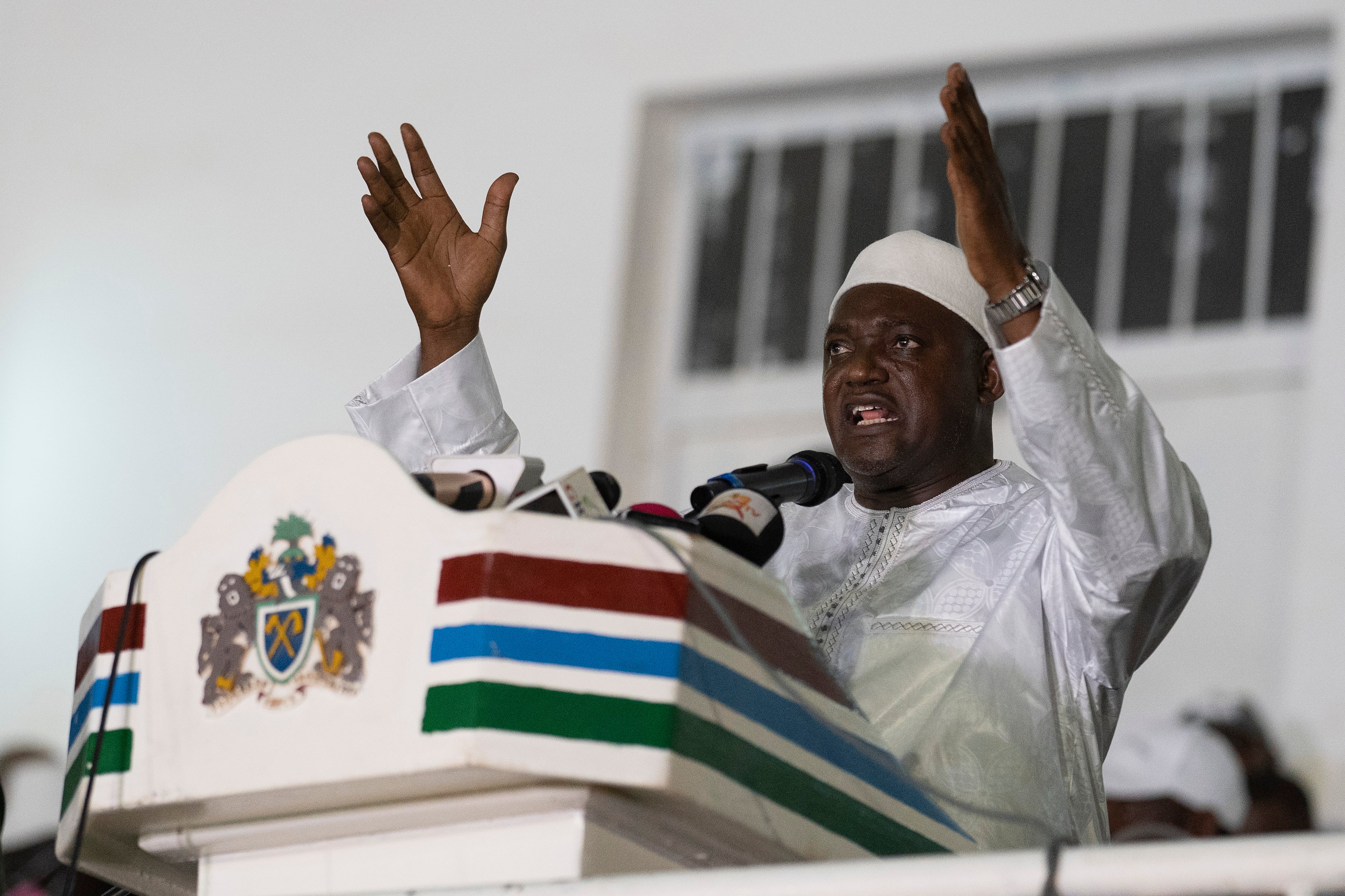 The Gambian president, Adama Barrow, speaking to supporters after winning this month’s presidential election