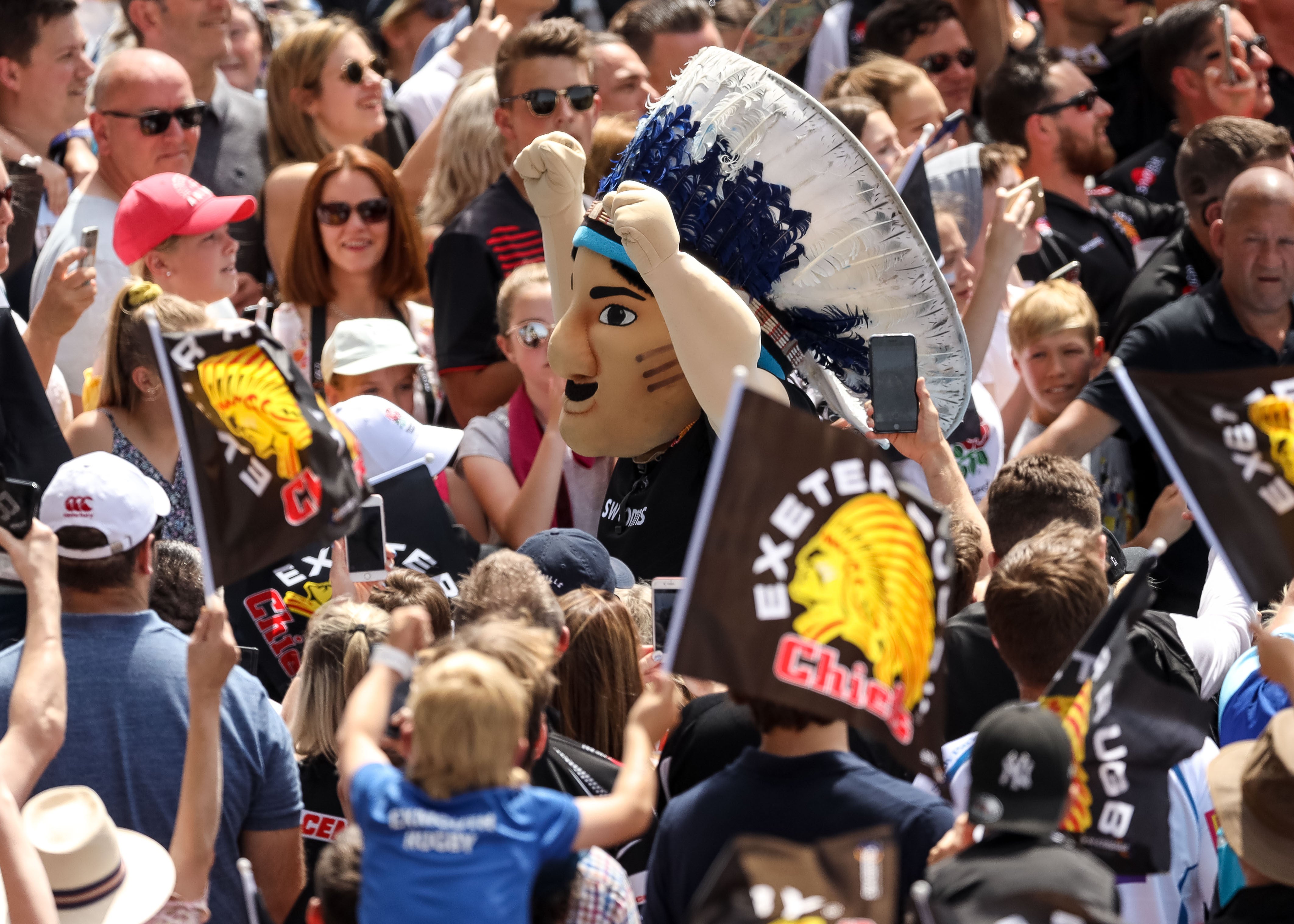 Exeter Chiefs have retired mascot Big Chief, centre, amid continued calls for them to ditch Native American-style branding (Paul Harding/PA)